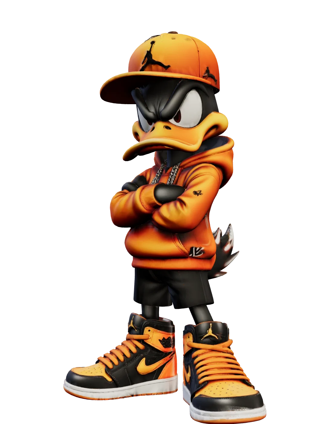 Big Drip, a vinyl duck in an orange hoodie, snapback and high-tops, arms crossed