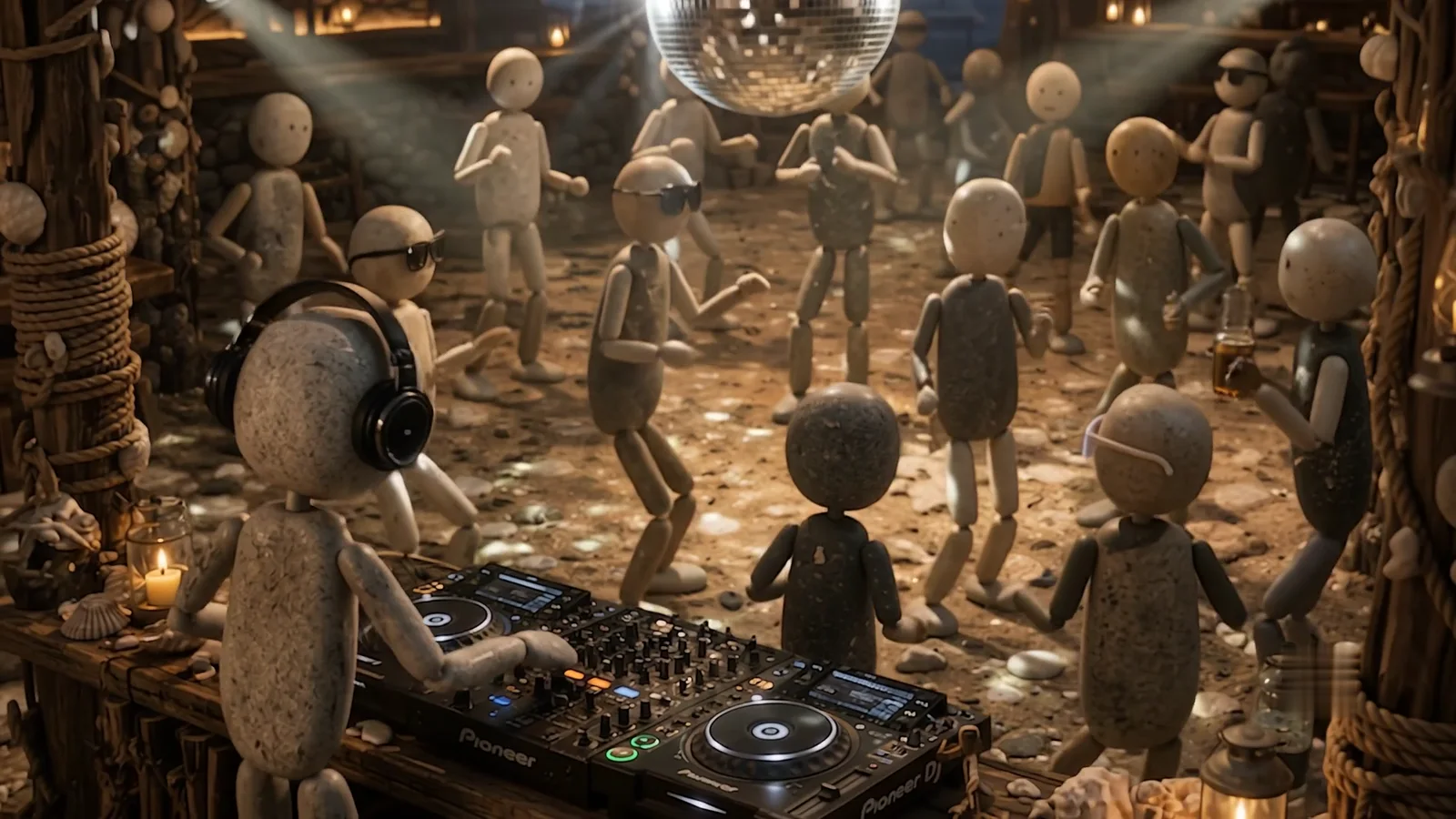 A stone figure in headphones at the decks with a crowd of dancers behind and a mirror ball above