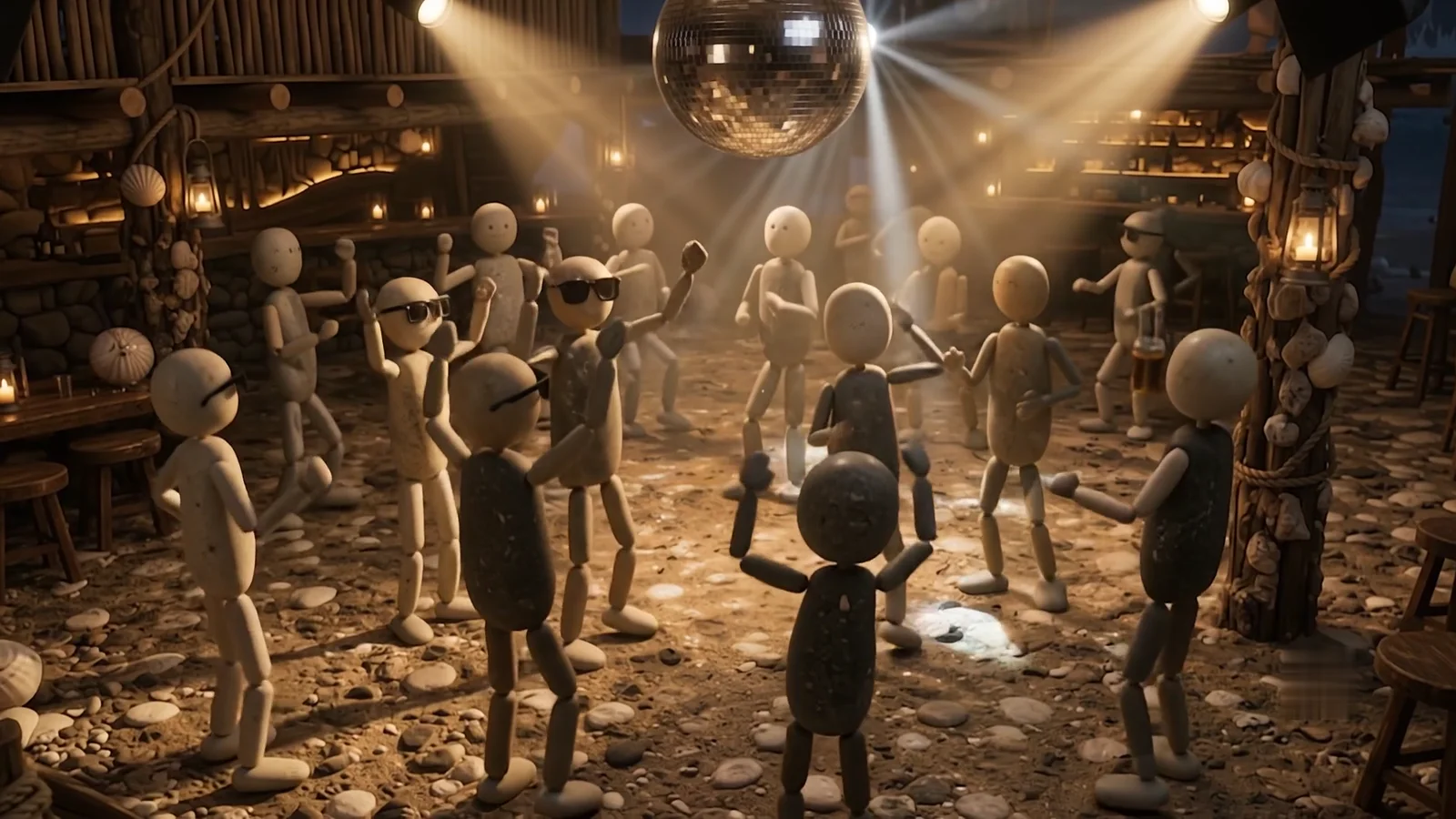 A packed dance floor of stone figures under spotlights and a mirror ball