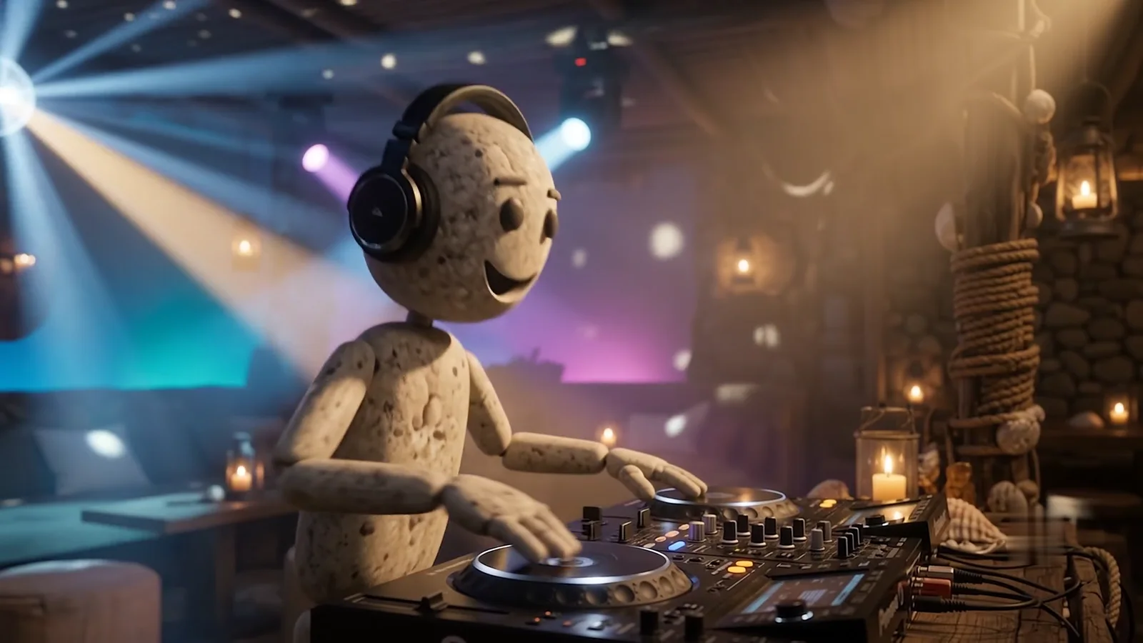 A stone selector in headphones smiling at the mixer, lit in blue and pink