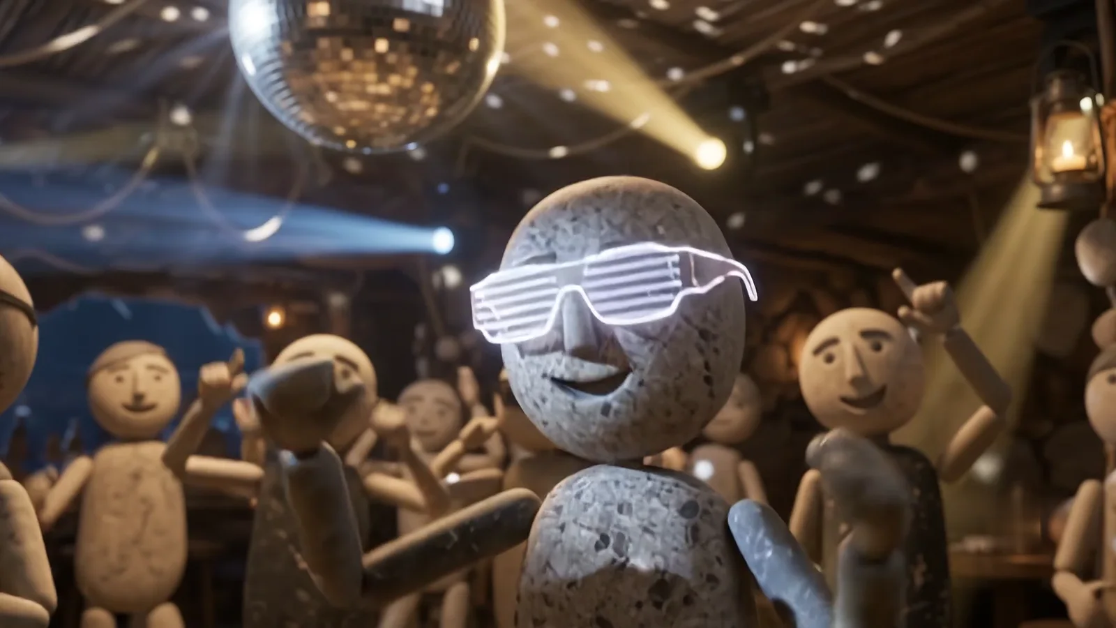 A grinning stone figure in glowing LED shutter shades with dancers raising their arms behind
