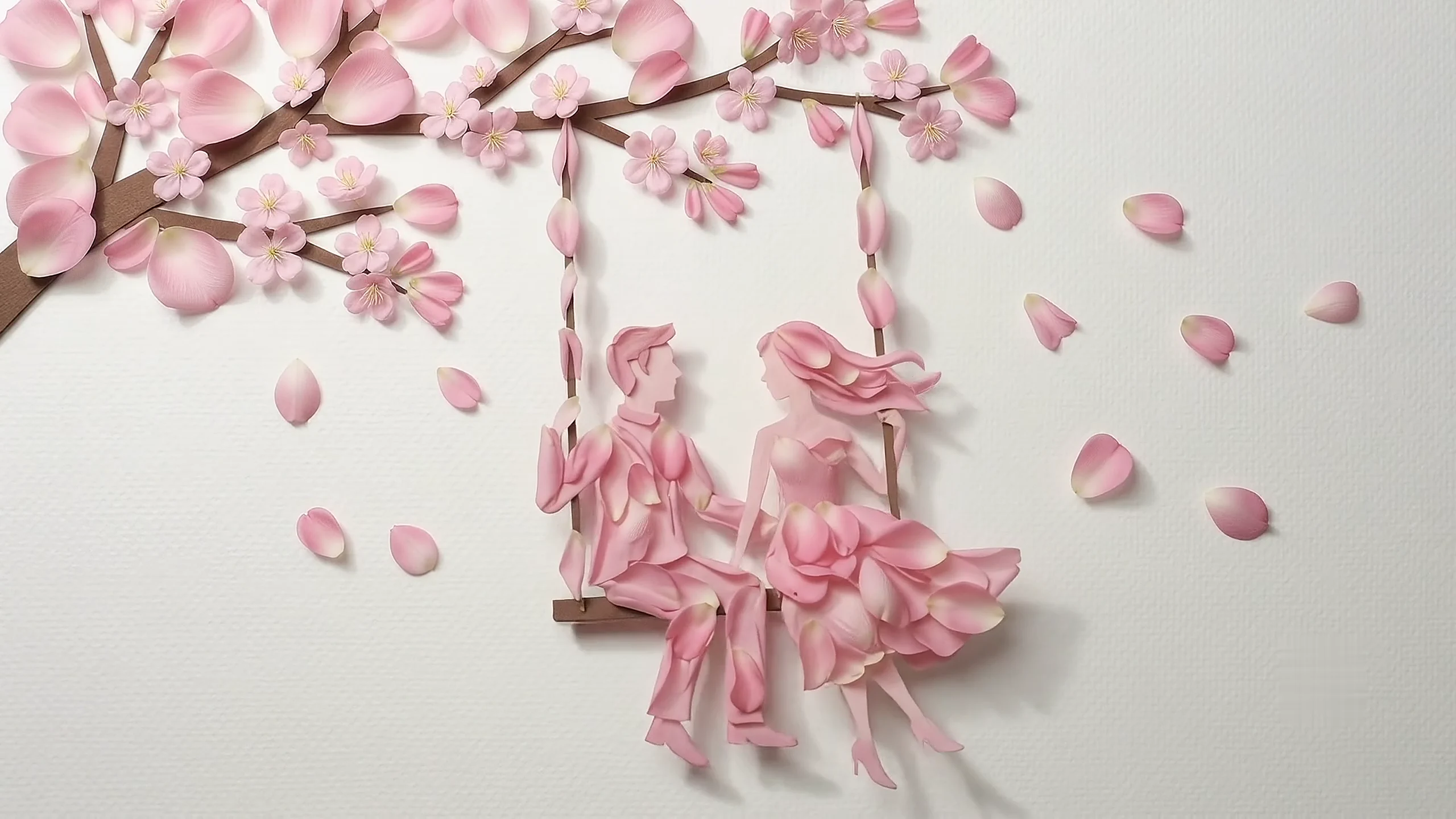 A rose-petal couple relaxing on a swing beneath pink blossoms