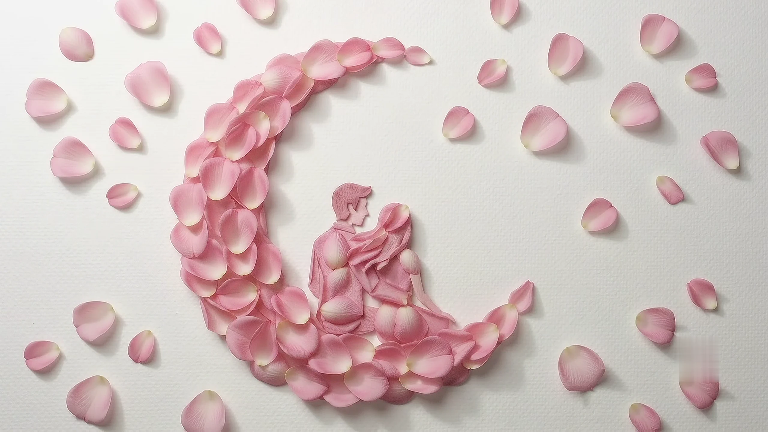 A couple sitting together inside a crescent moon made of rose petals