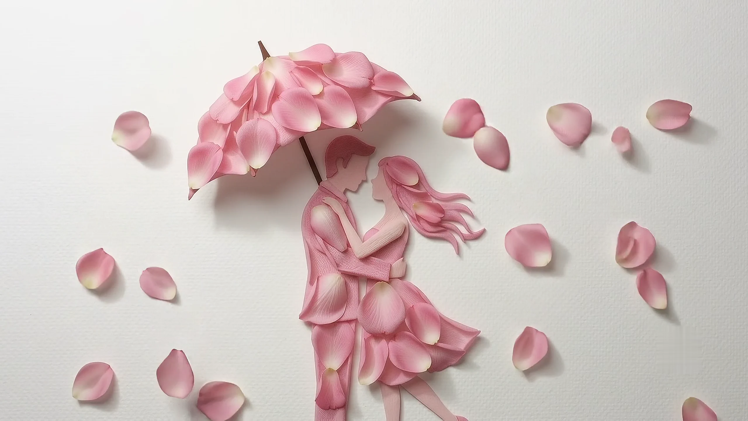 Two rose-petal figures sharing an umbrella, a symbol of a quiet promise