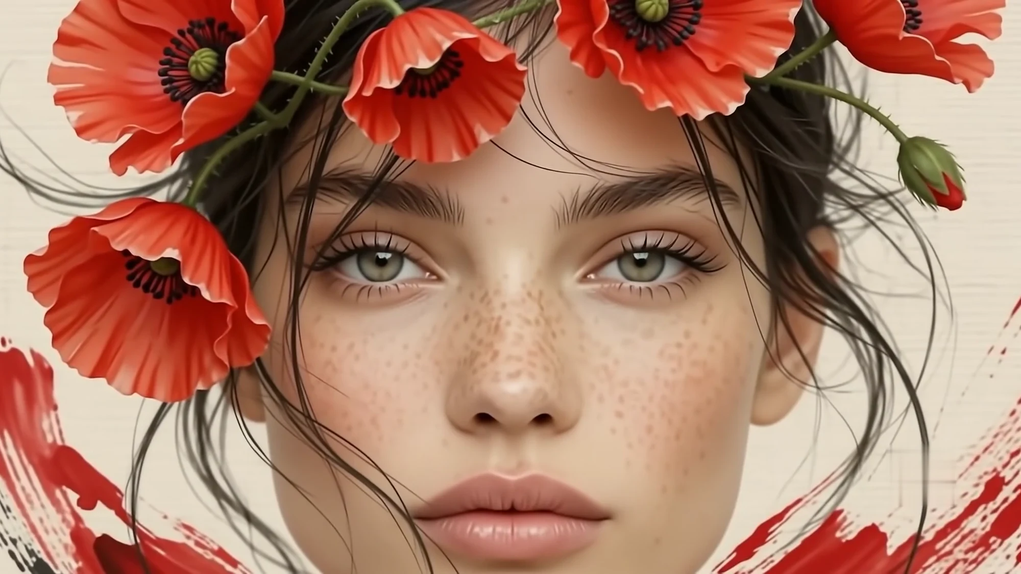 A close portrait framed by red poppies