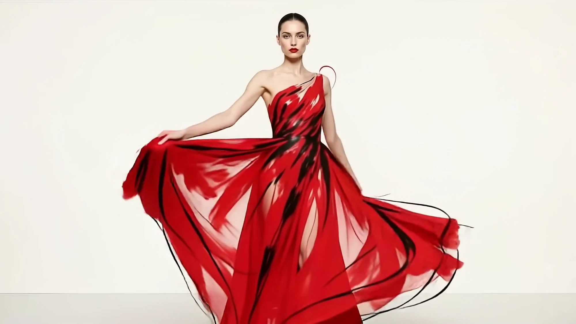 A red sculptural dress unfurling into flowing painted fabric