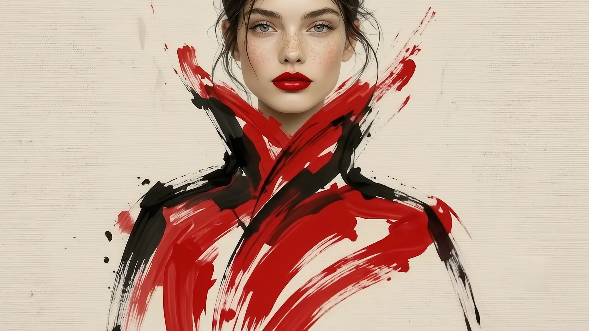 Red and black brushstrokes forming a couture portrait