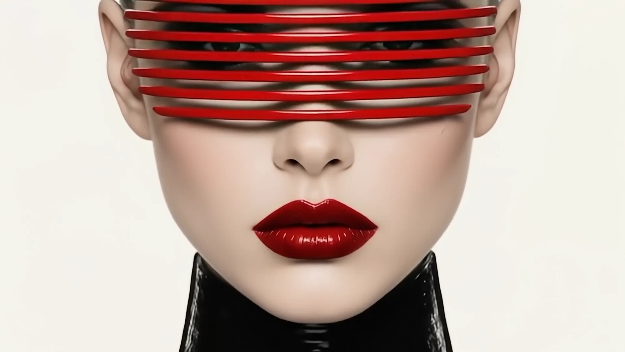 A couture portrait with a sculptural red visor and red lips