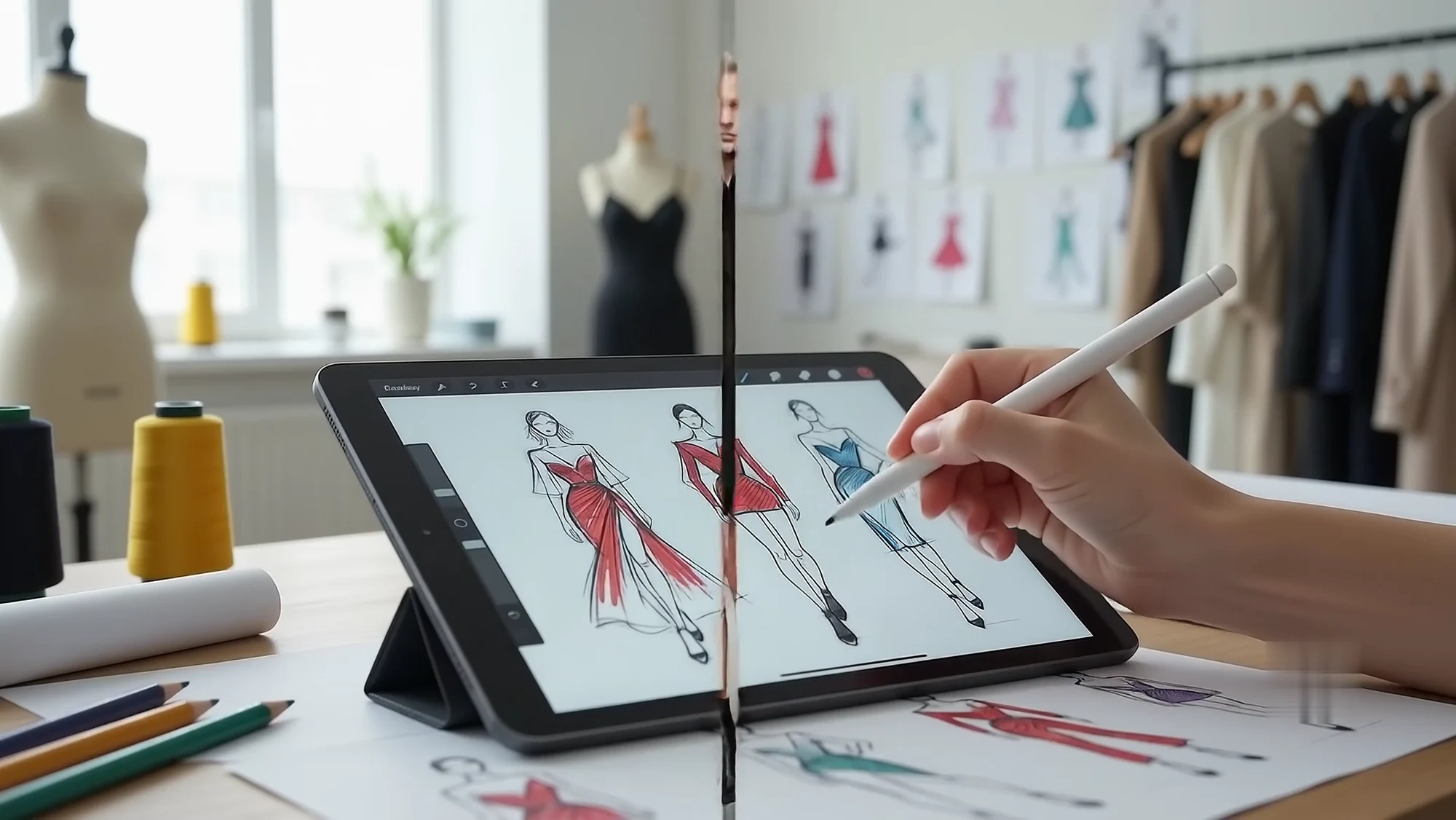 A designer sketching red fashion silhouettes on a tablet