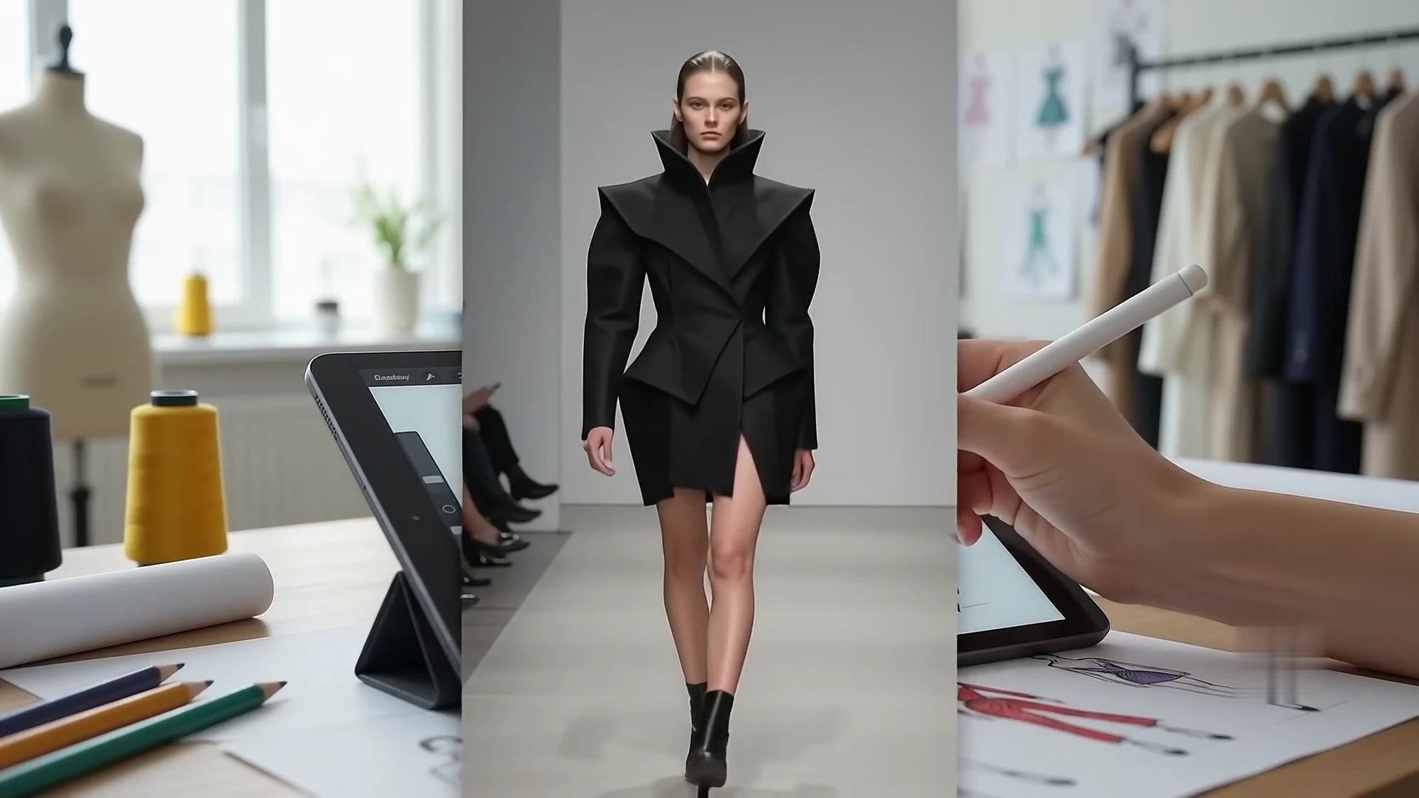 An angular black tailored silhouette in the fashion studio