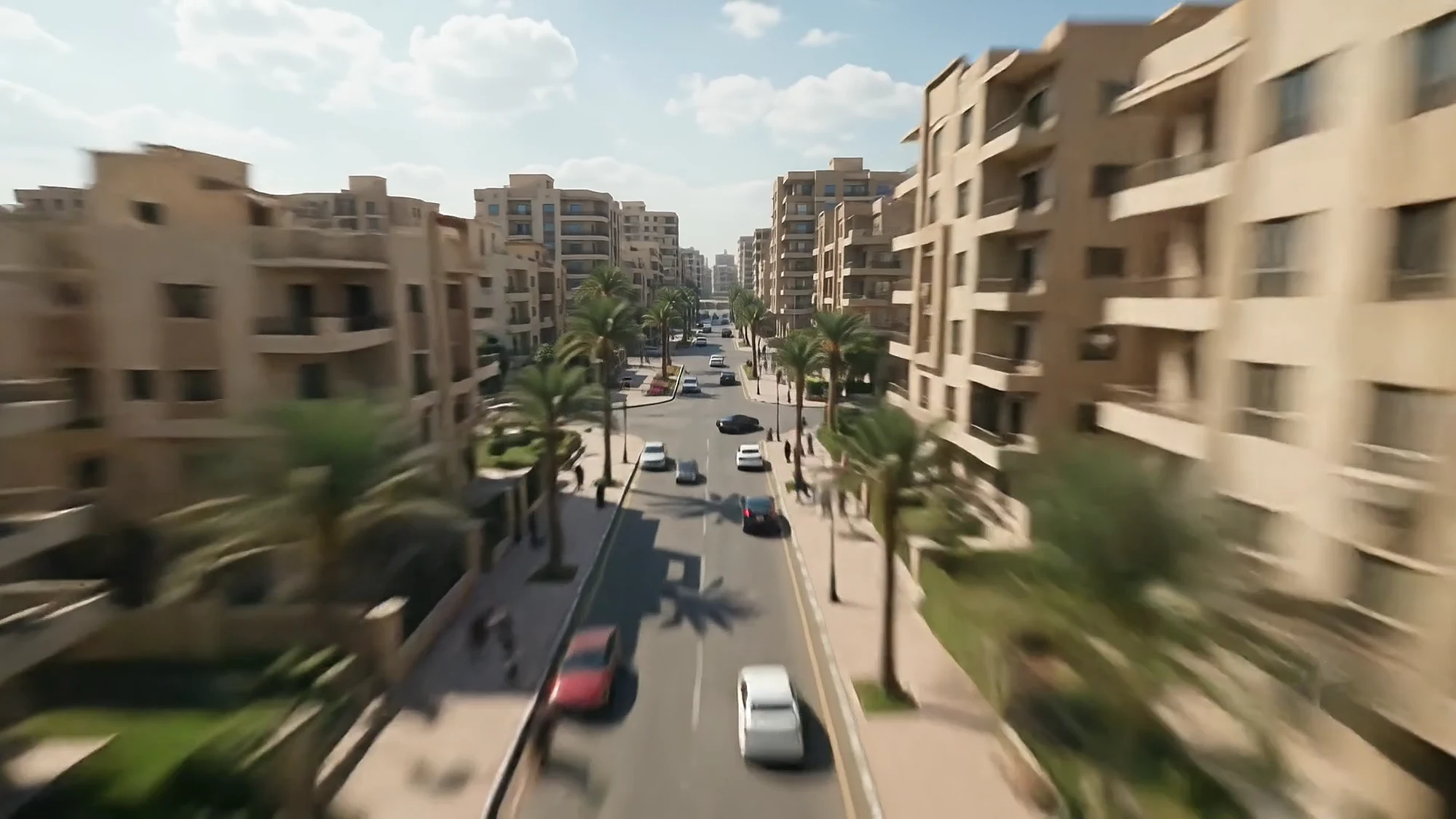 A rush down a Cairo street between sand-coloured apartment blocks and palms