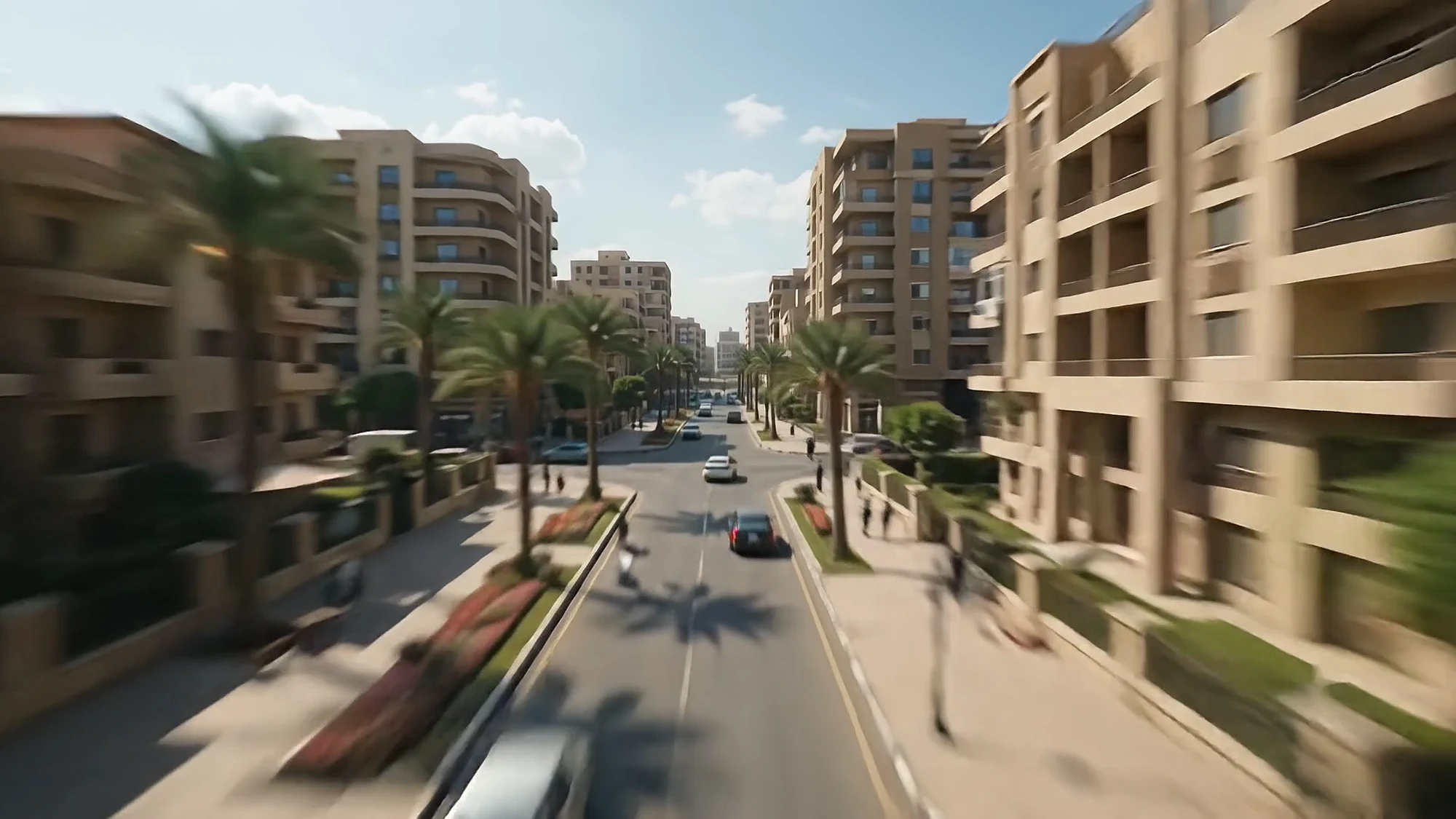 A wide boulevard lined with palms and balconies