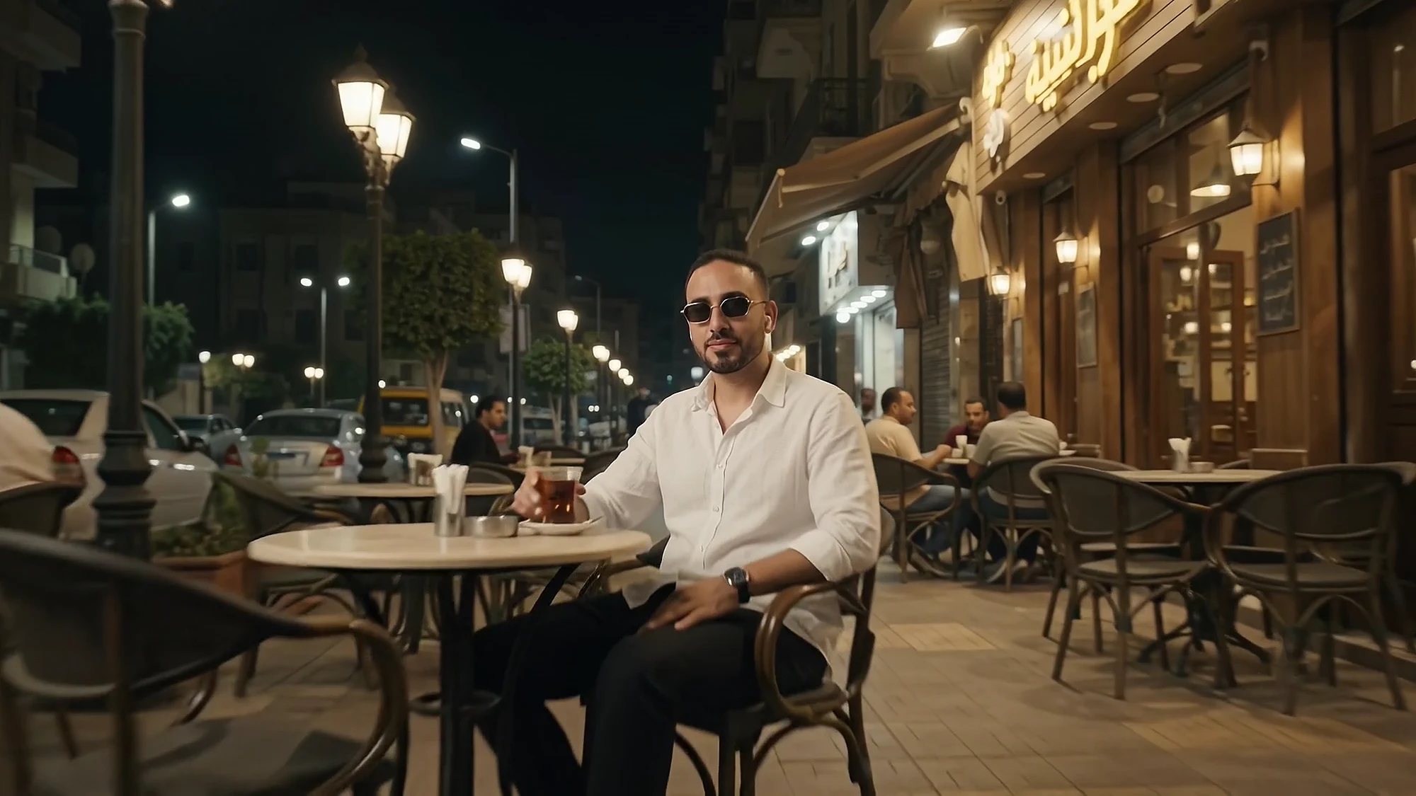 A night café terrace with street lamps and a man seated at a round table