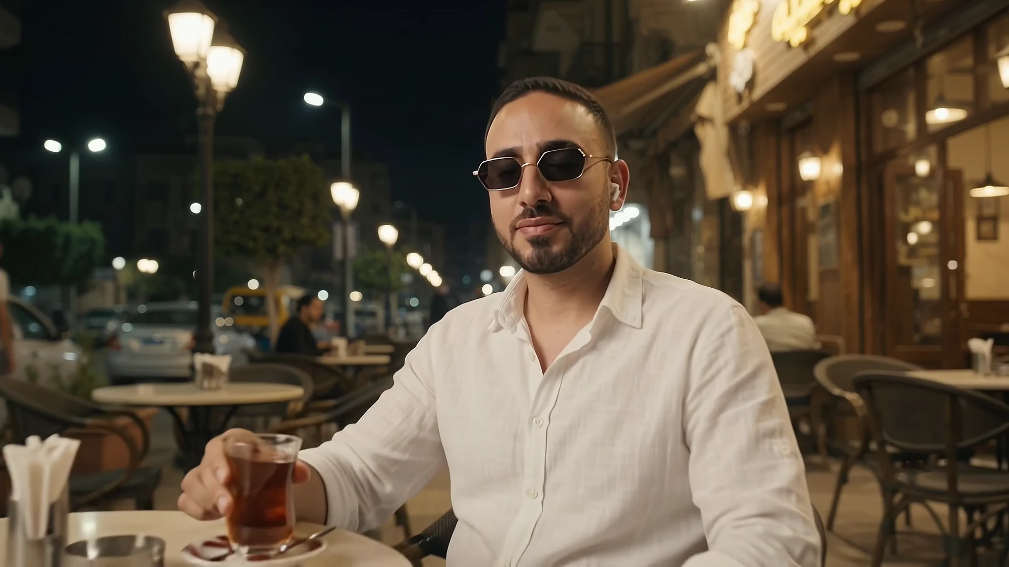 A man in a white shirt and sunglasses sits at a café table under street lamps, a glass of tea in front of him