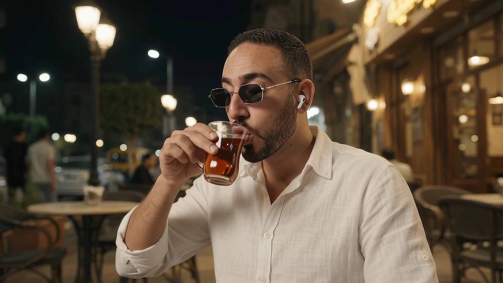 The first sip, amber light on the café front