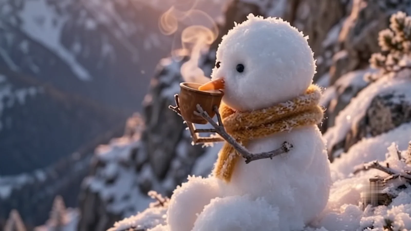 A snowman in a mustard scarf holds a steaming cup to his face in early light
