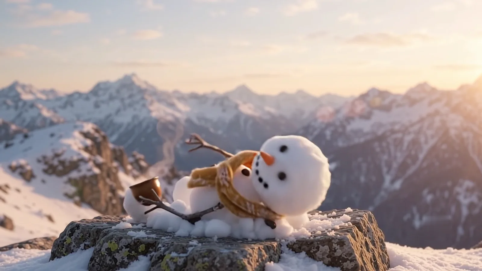The snowman lies back in the snow, smiling up at the sky