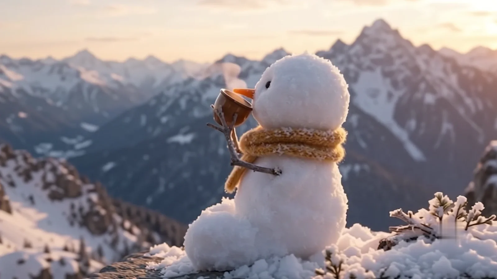 The snowman sits on a summit with a wide range of snowy peaks behind him
