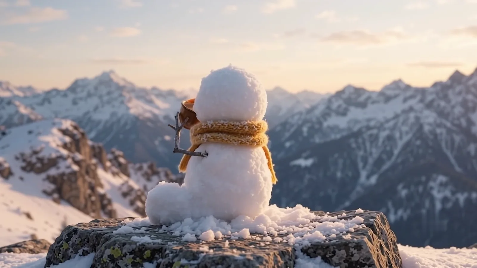 The snowman sits still on a rock, small against the mountains at sunrise