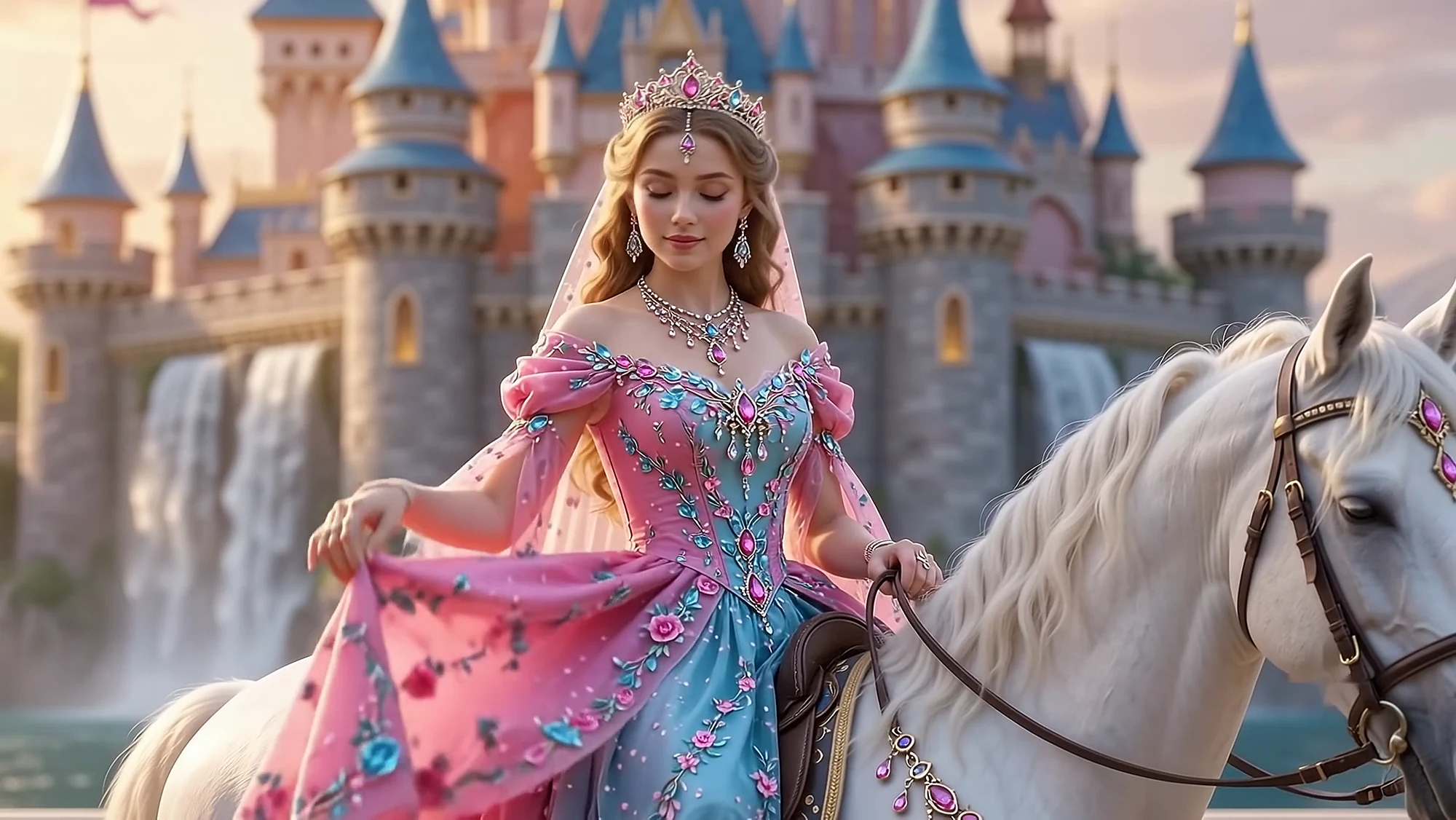The rider in a pink and blue gown with a tiara and veil, castle and waterfall behind