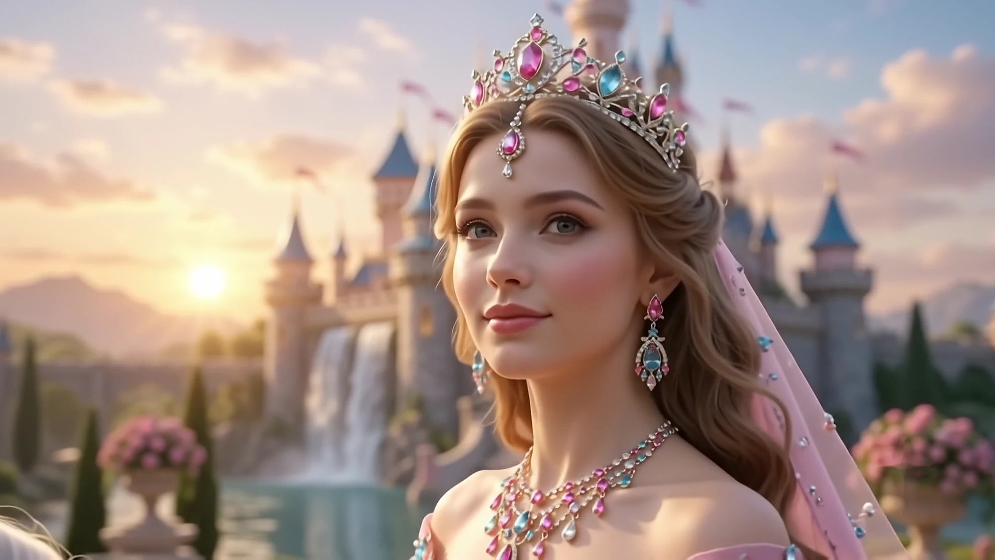 Portrait of the tiara and drop earrings against a sunset sky