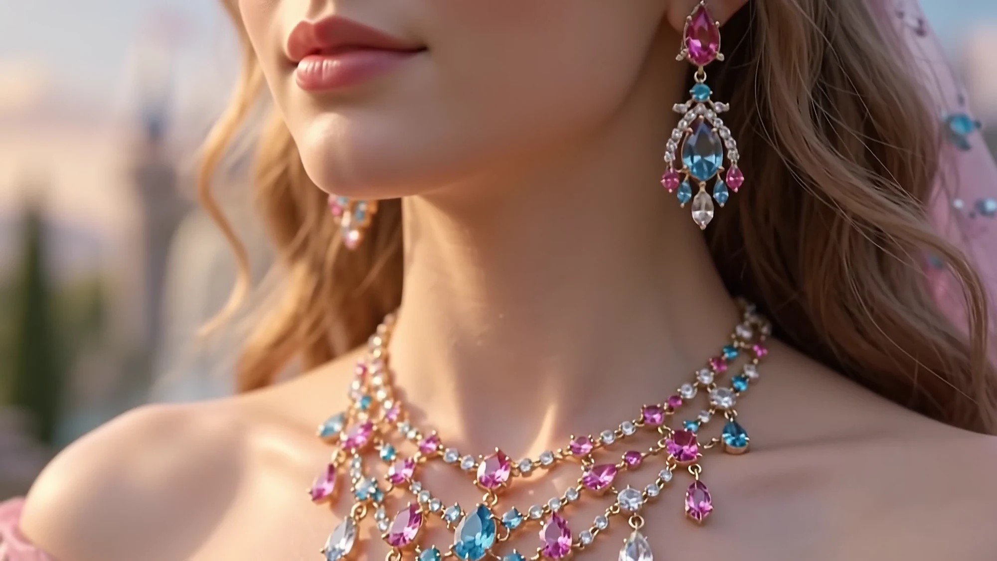 A pink sapphire and aquamarine drop earring above the necklace
