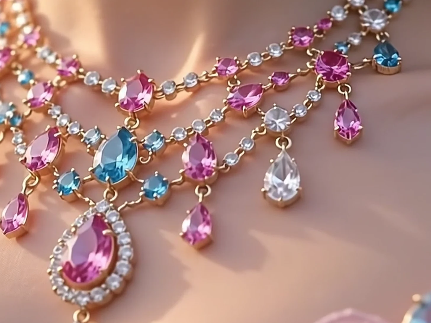 Pink sapphire drops and diamond links in the necklace
