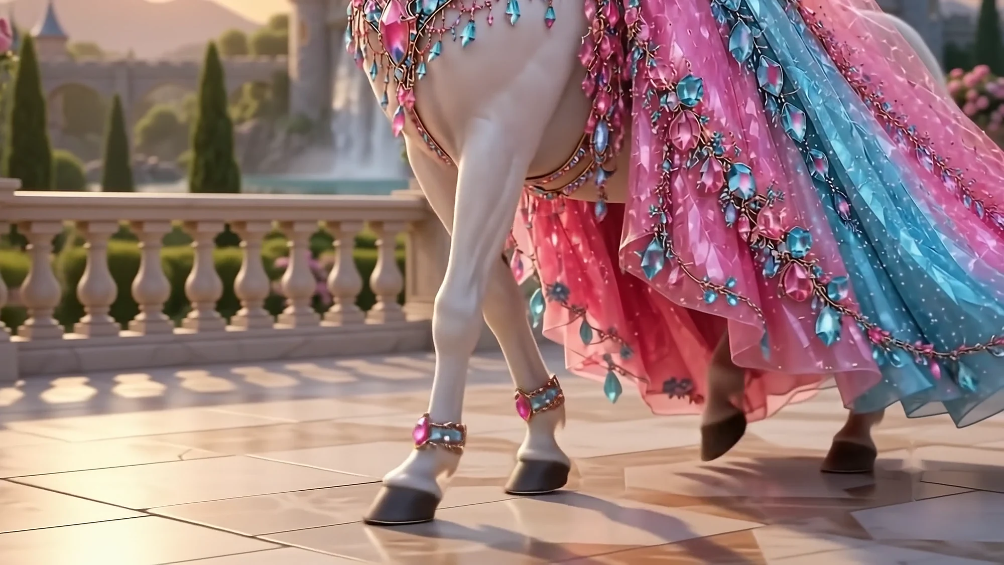 The jewelled gown skirt in pink and blue falling over the horse