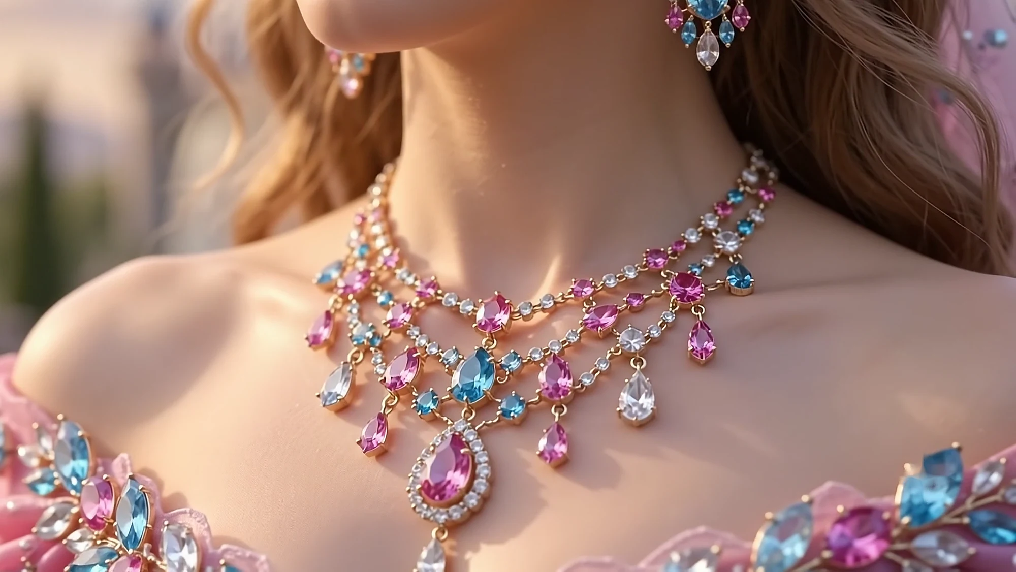 Close view of the three-tier necklace in pink sapphire, aquamarine and diamond drops on a collarbone
