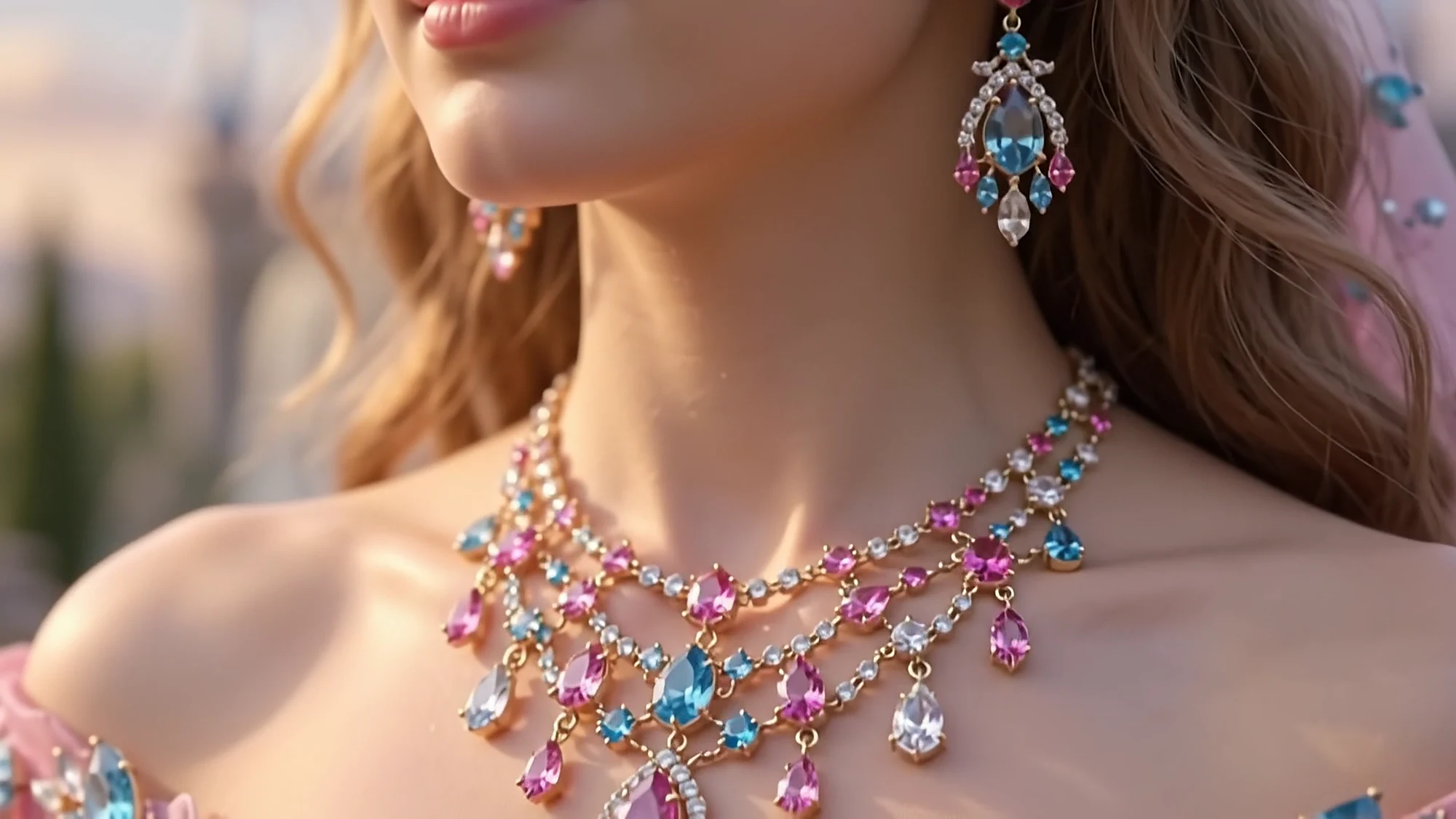 The necklace caught in warm light with the earring above