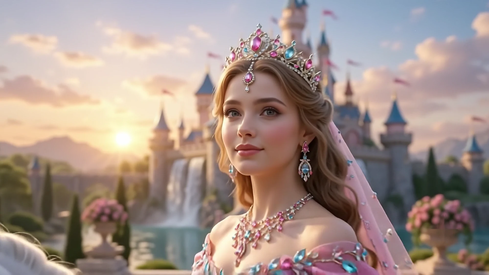 Portrait wearing the tiara and drop earrings at sunset