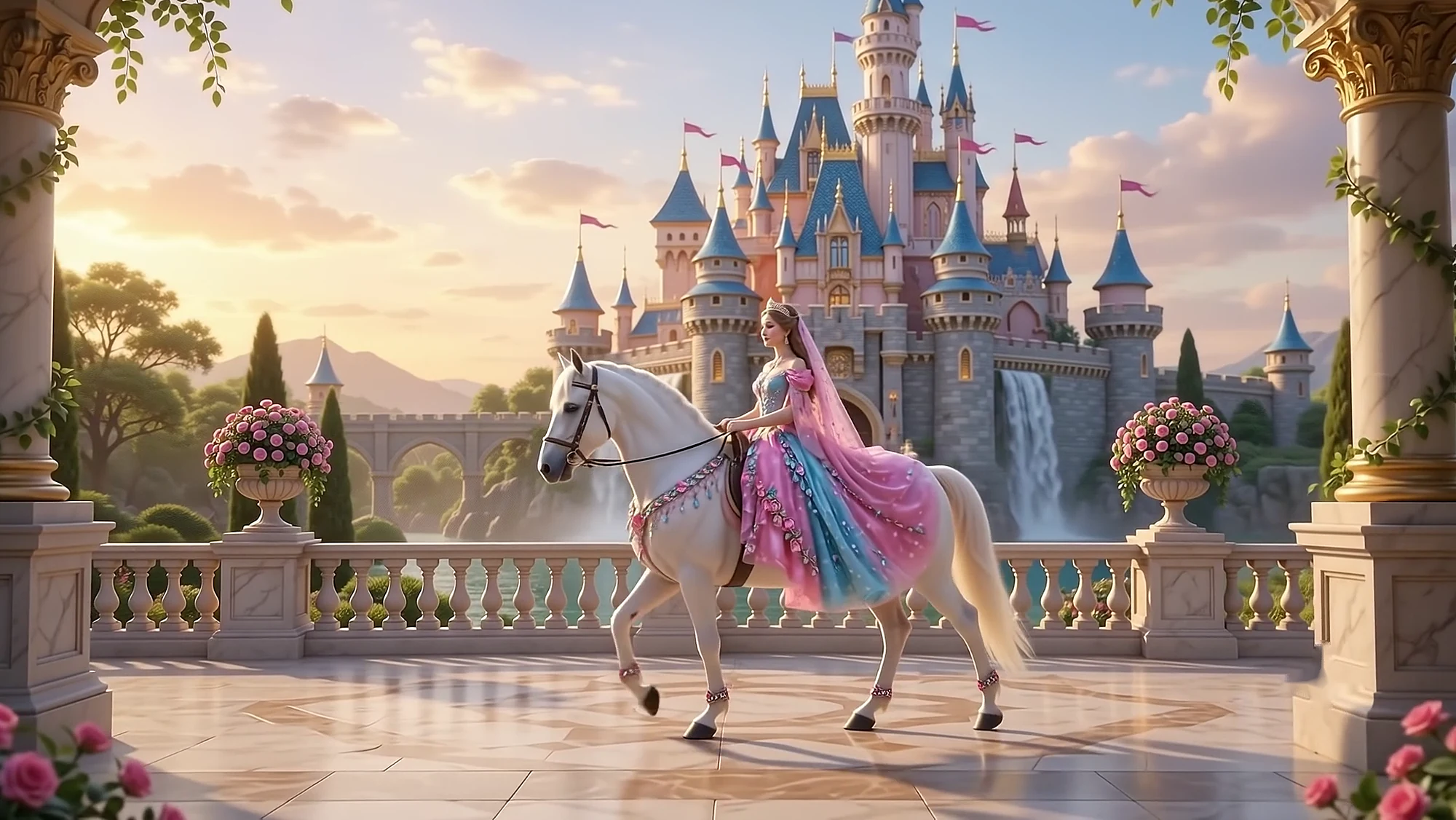 A white horse and rider crossing a marble terrace in front of a castle at sunset