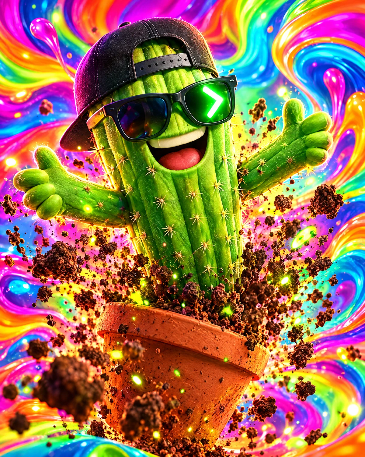 Spike bursting out of his pot in a shower of glowing soil