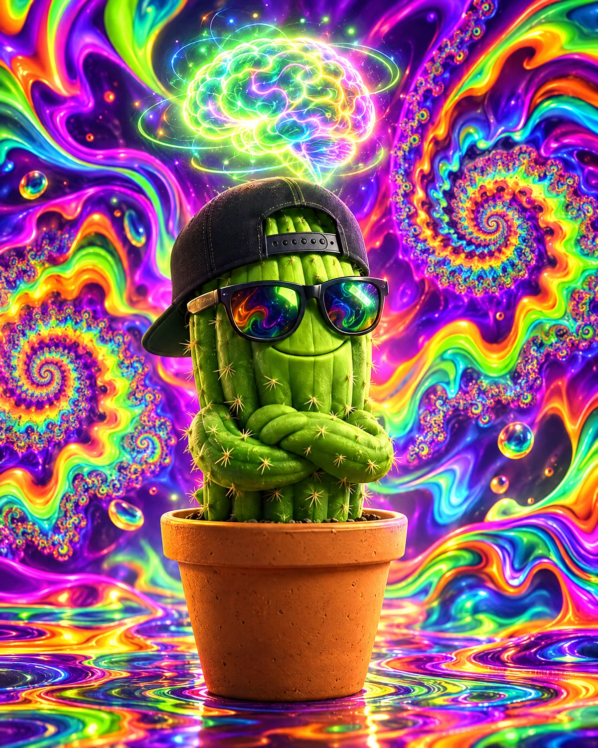 Spike relaxing with a glowing neon brain above his cap
