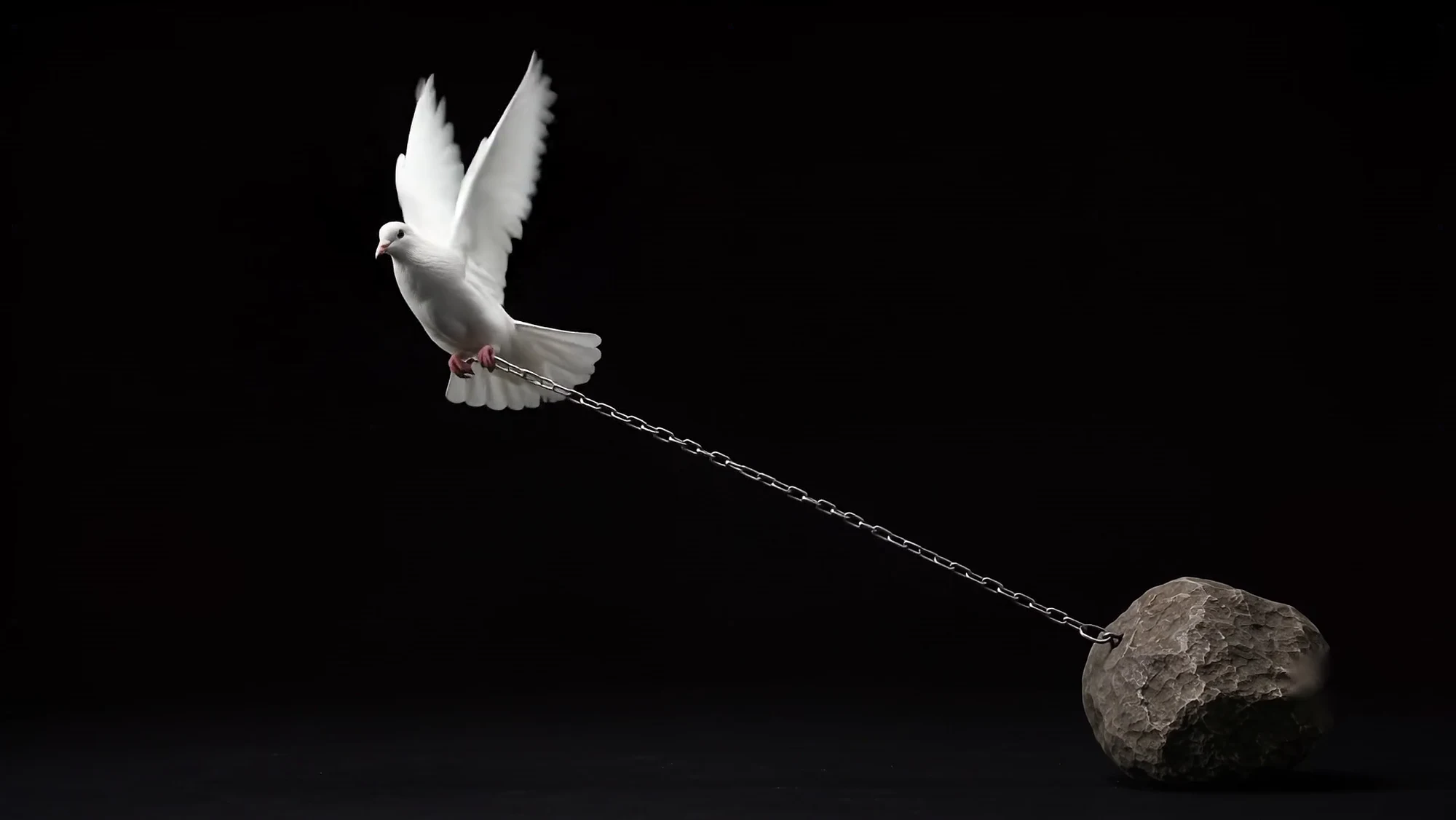 The dove in flight with one stone trailing on a chain