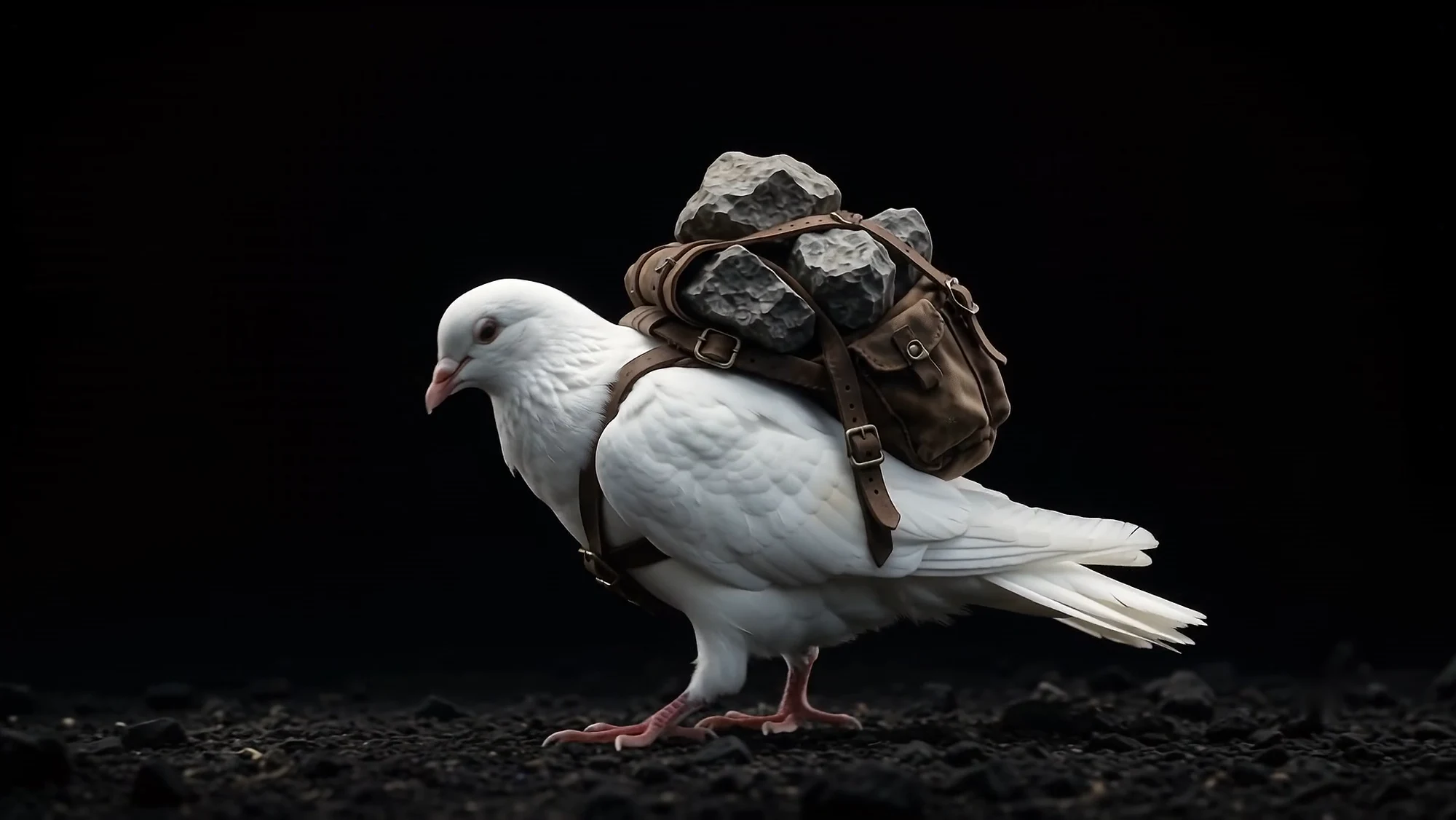 The dove walking with a leather pack of stones on its back