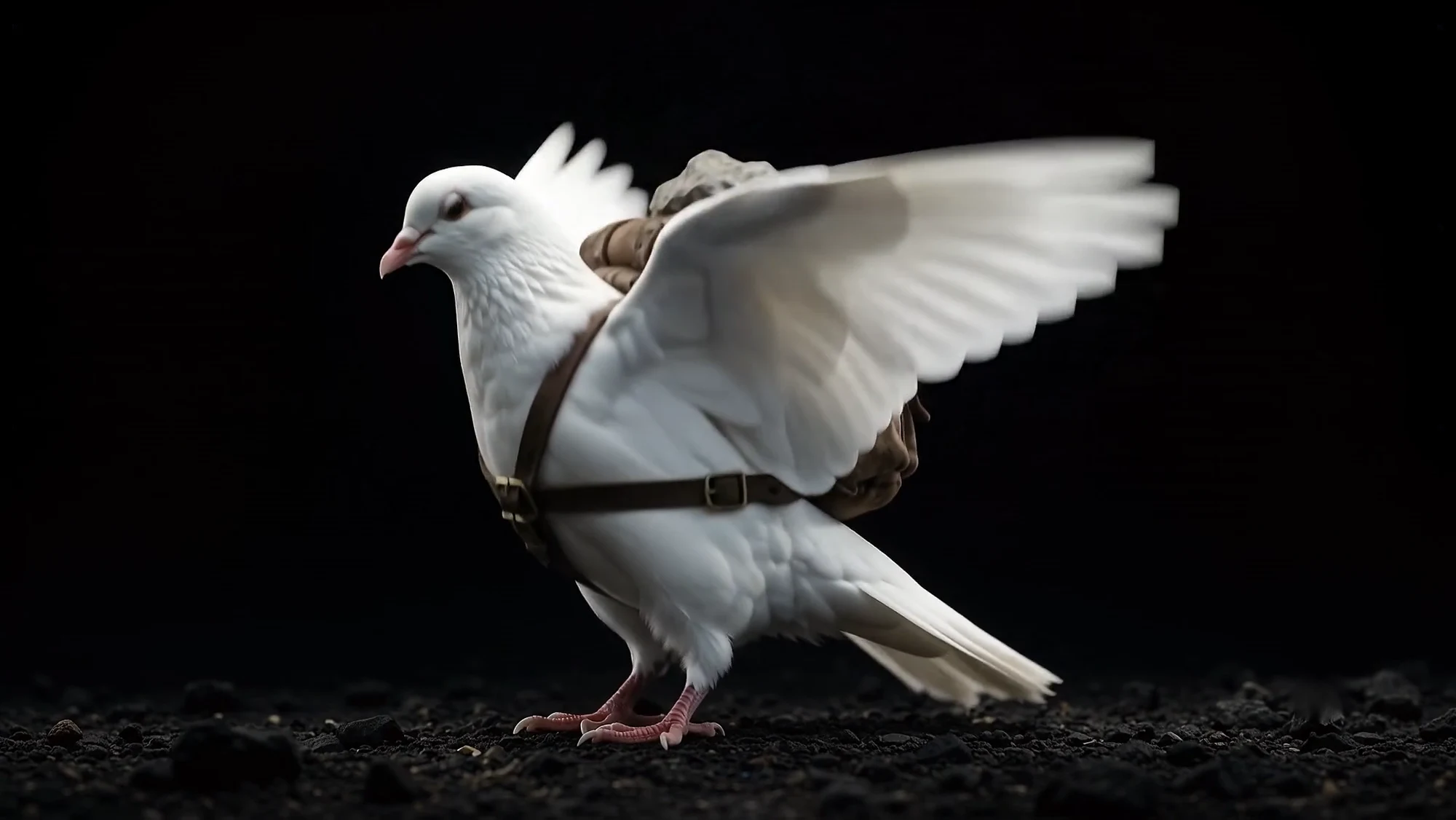 The dove beating its wings hard but staying on the ground