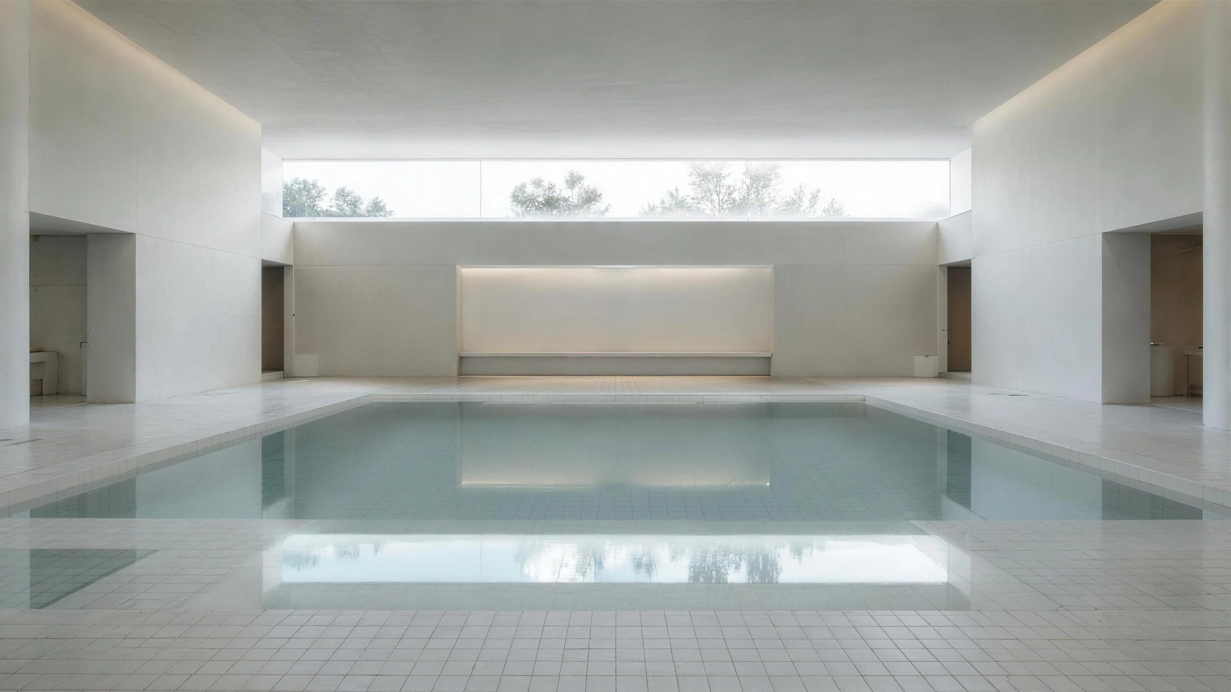 Symmetrical white bath house with a square pool