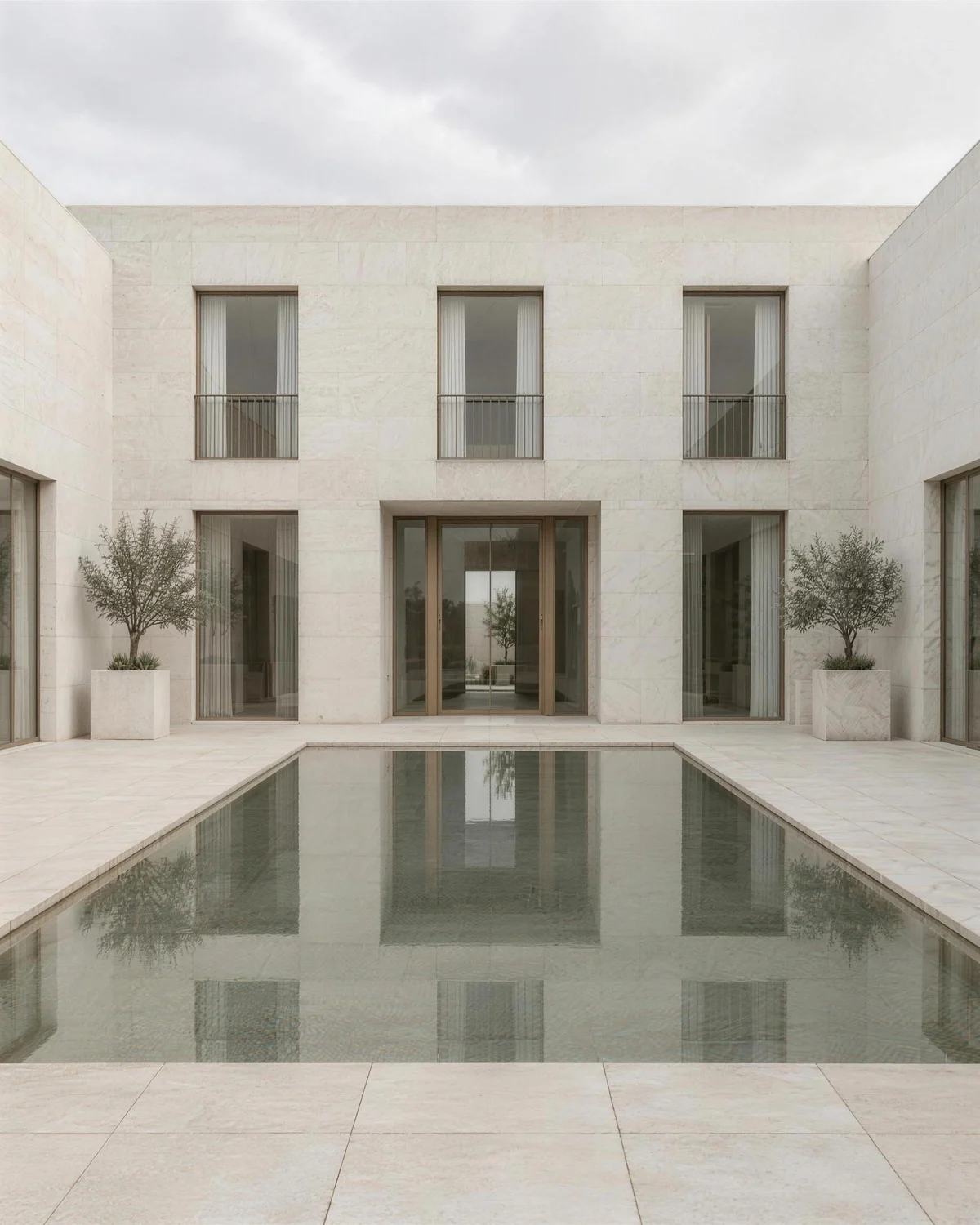 Symmetrical white stone courtyard house with a reflecting pool