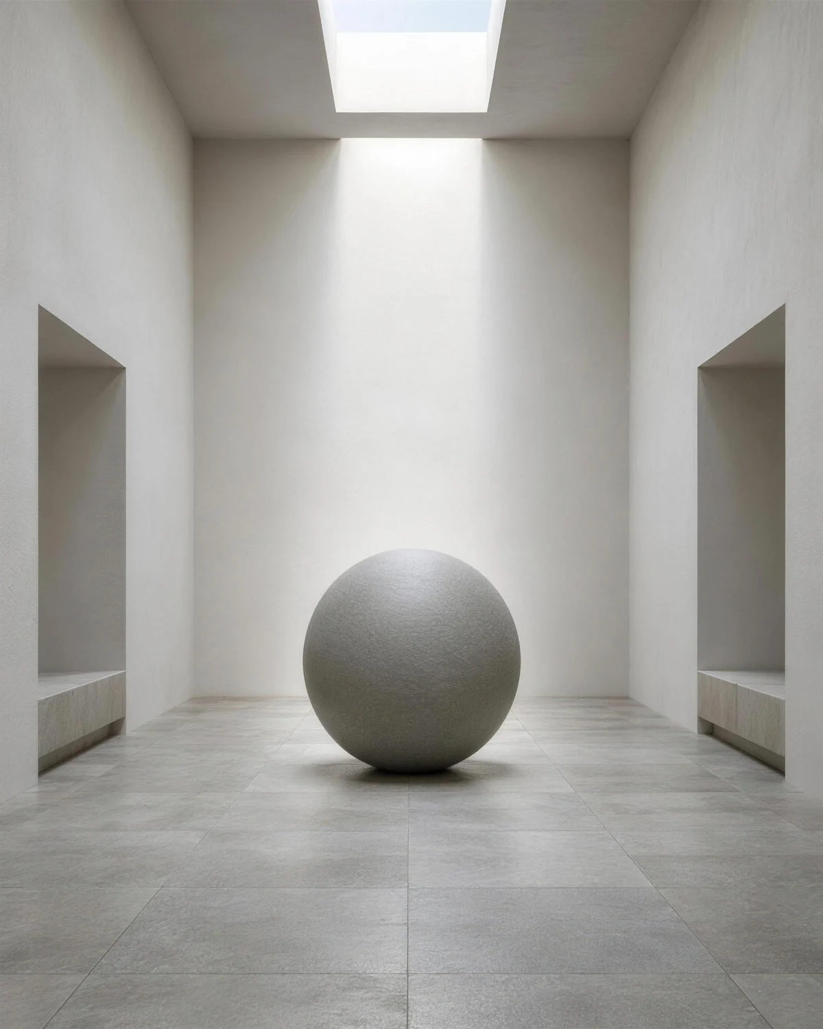 Calm meditation room with a grey stone sphere on a tiled floor