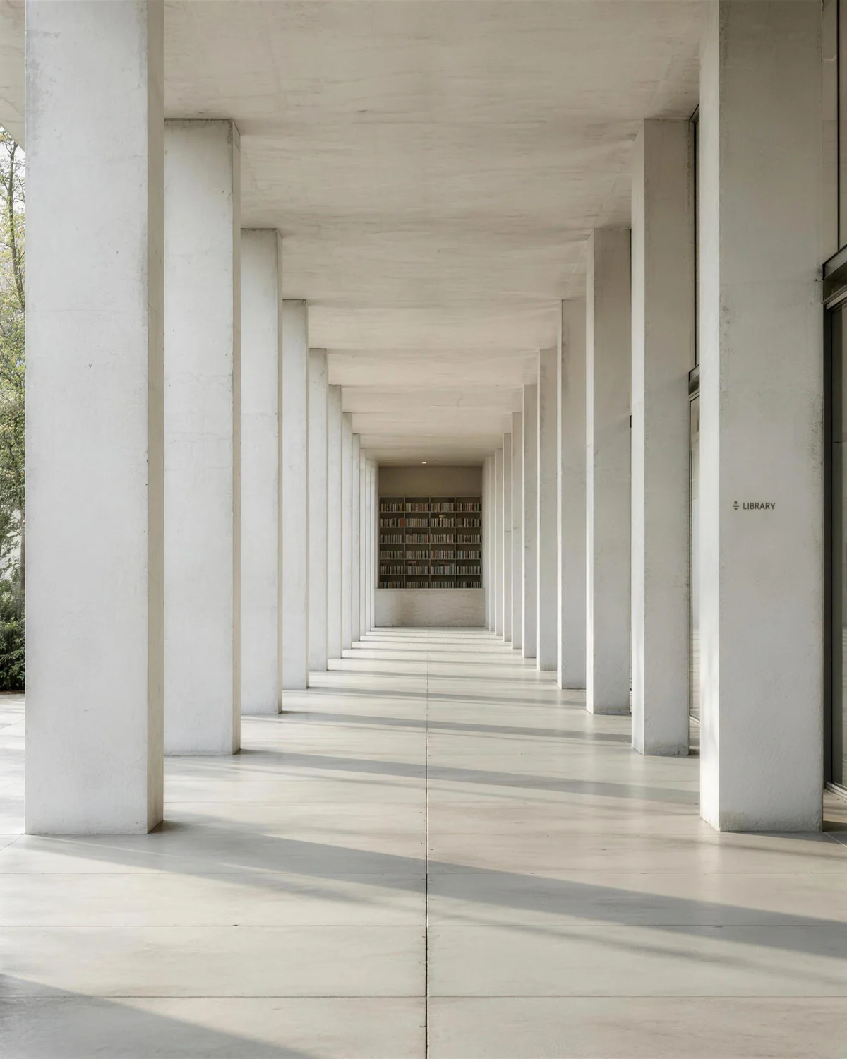 White concrete colonnade casting parallel shadows on a grid floor