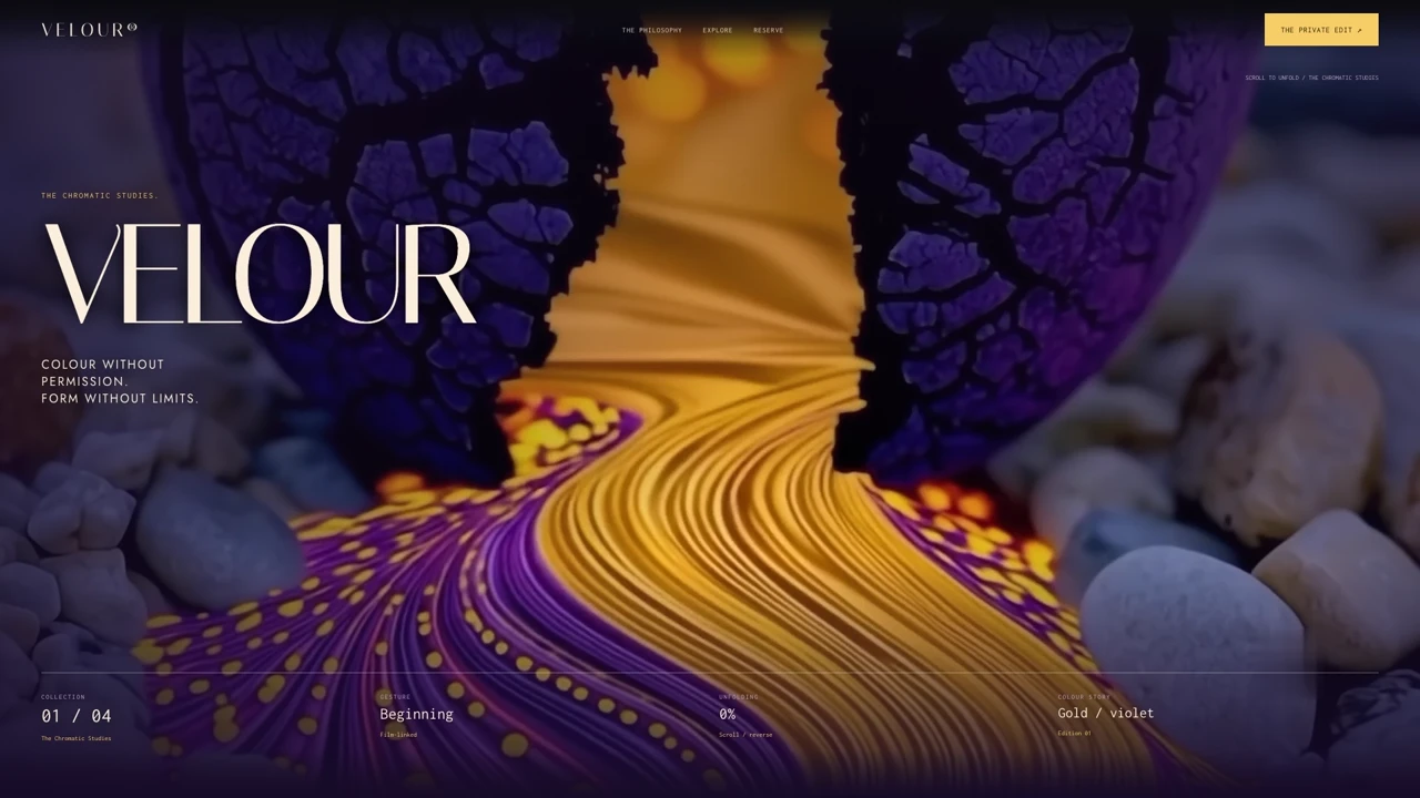 VELOUR colour-led fashion website preview with a sculptural garment