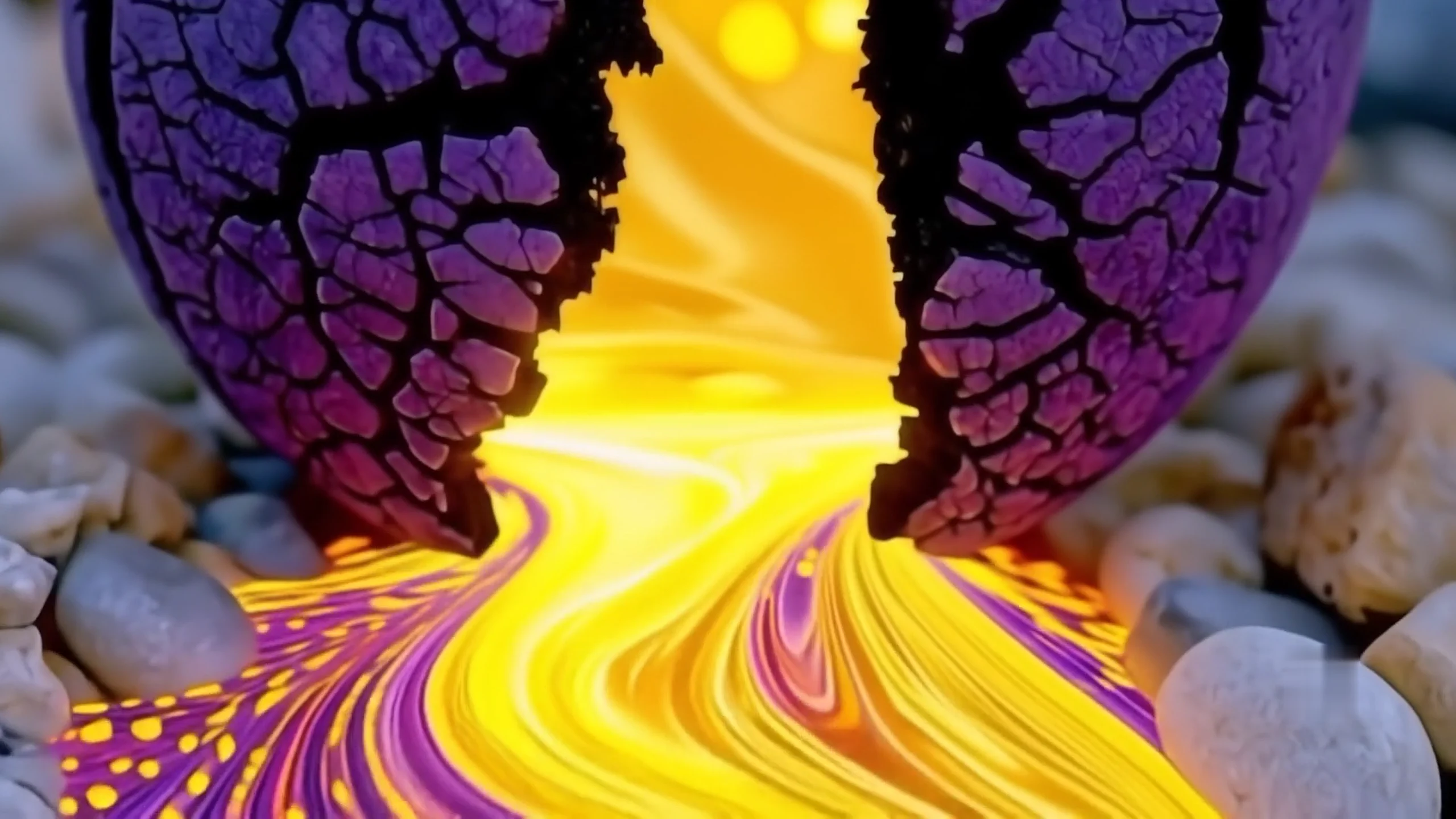 Golden liquid flowing from a violet shell in a surreal fashion-film scene