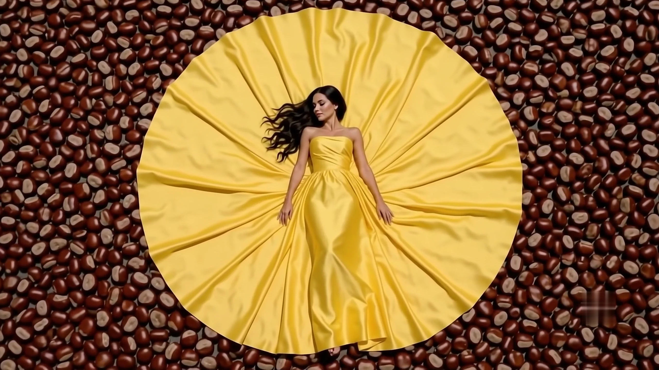 Model in a sculptural golden dress spreading into a circular silhouette