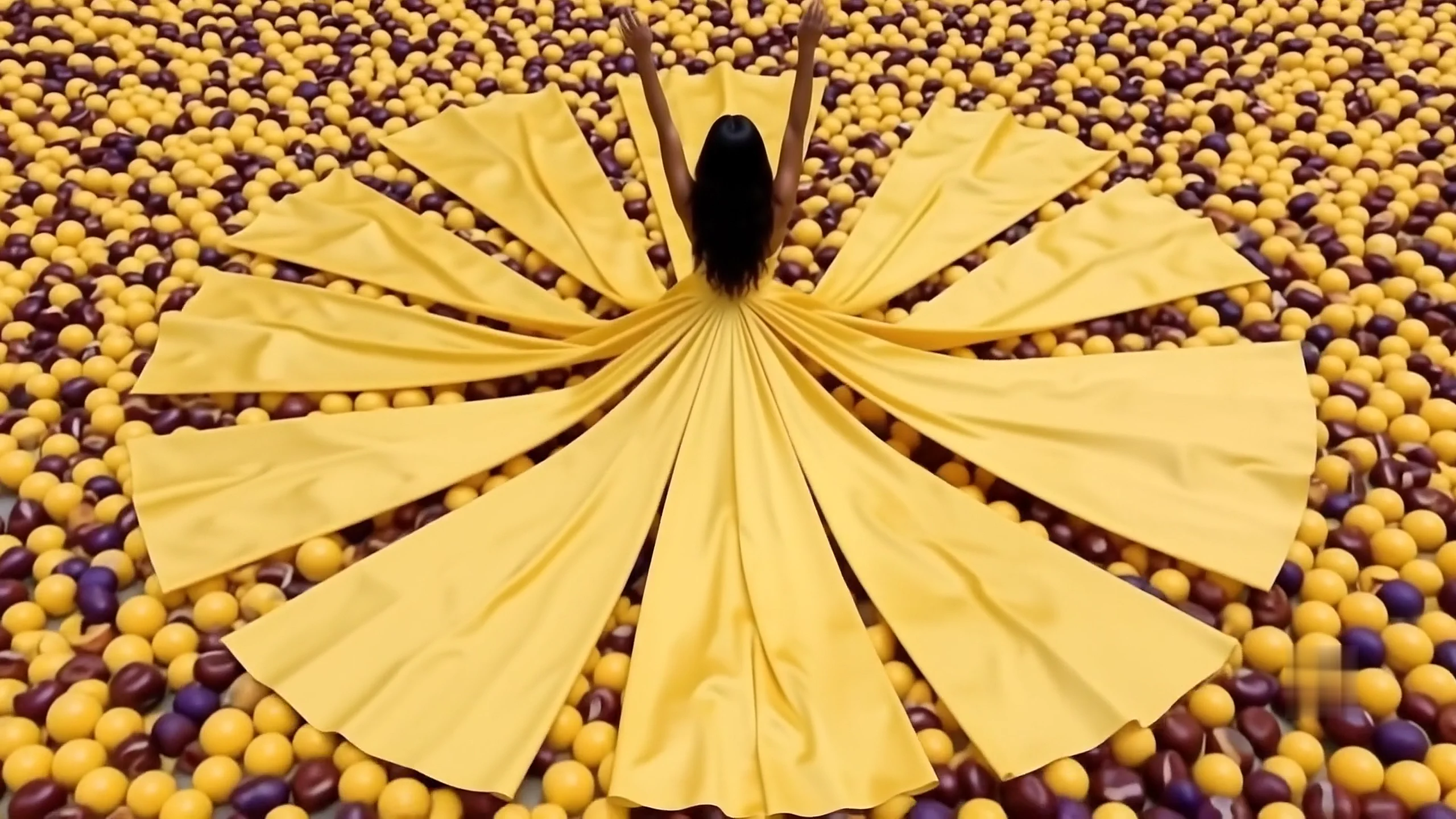 Golden fabric unfolding into radiating panels around a fashion silhouette