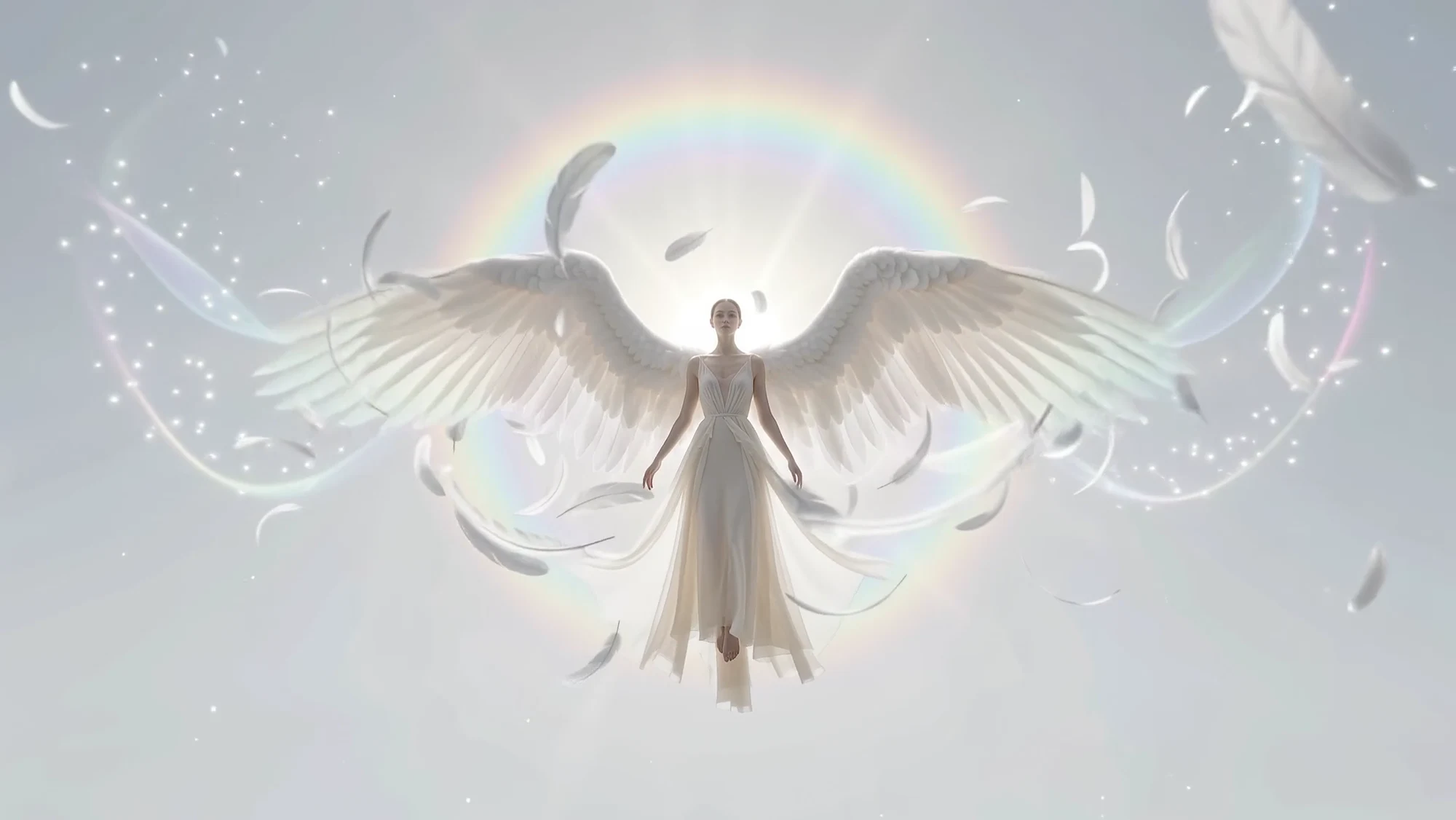 Wide wings beneath a rainbow halo in the sky