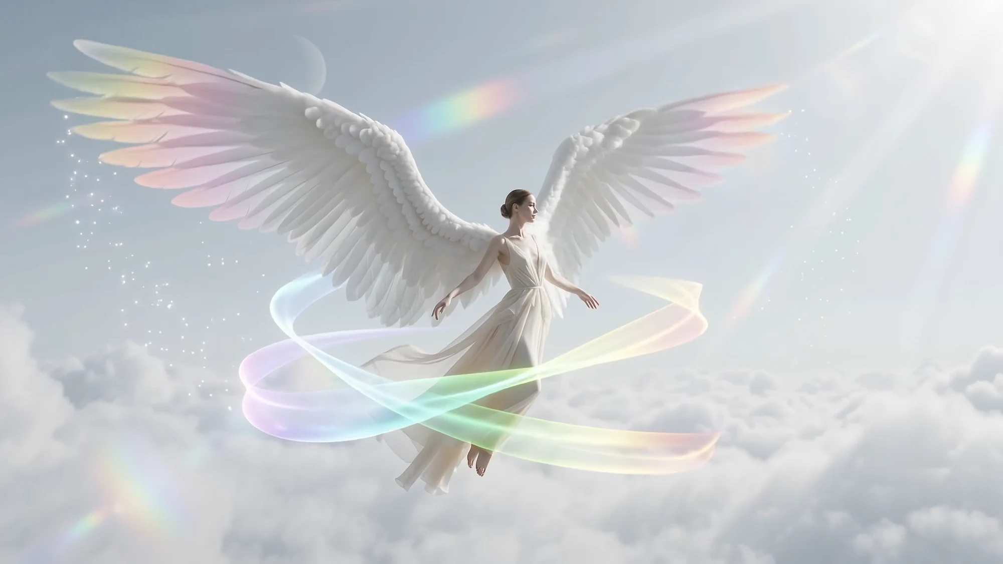 Winged woman surrounded by flowing bands of rainbow light