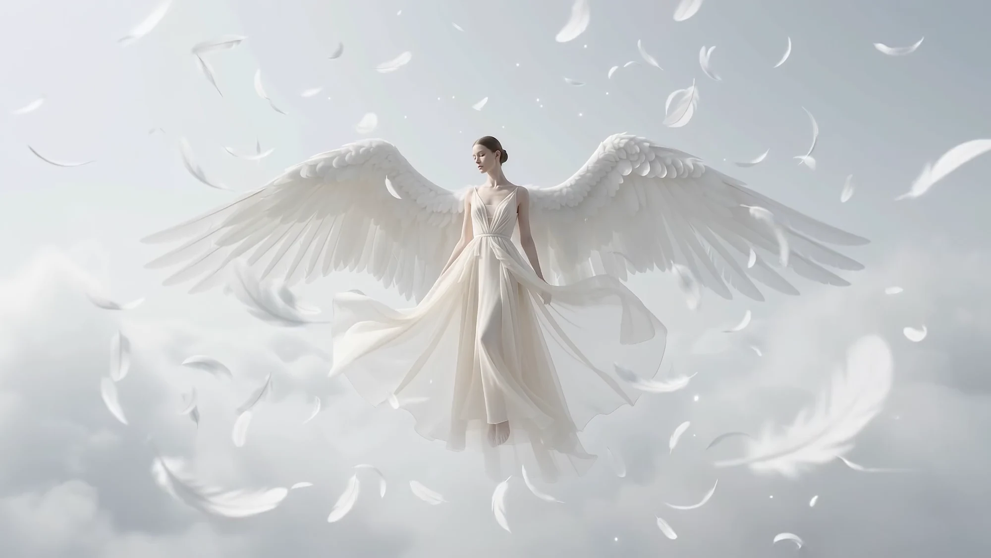 Winged silhouette in white floating amid clouds
