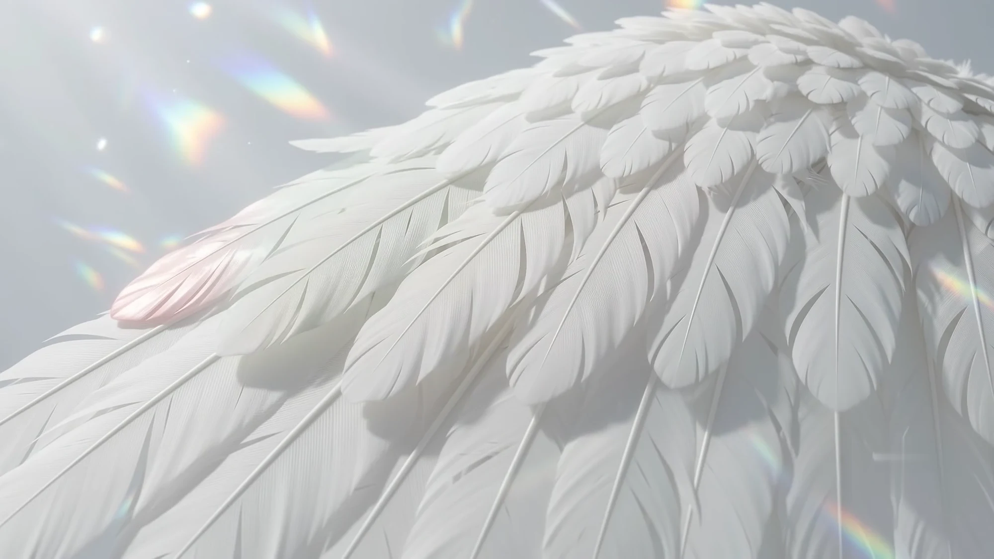 Close-up of white feathers reflecting a soft rainbow