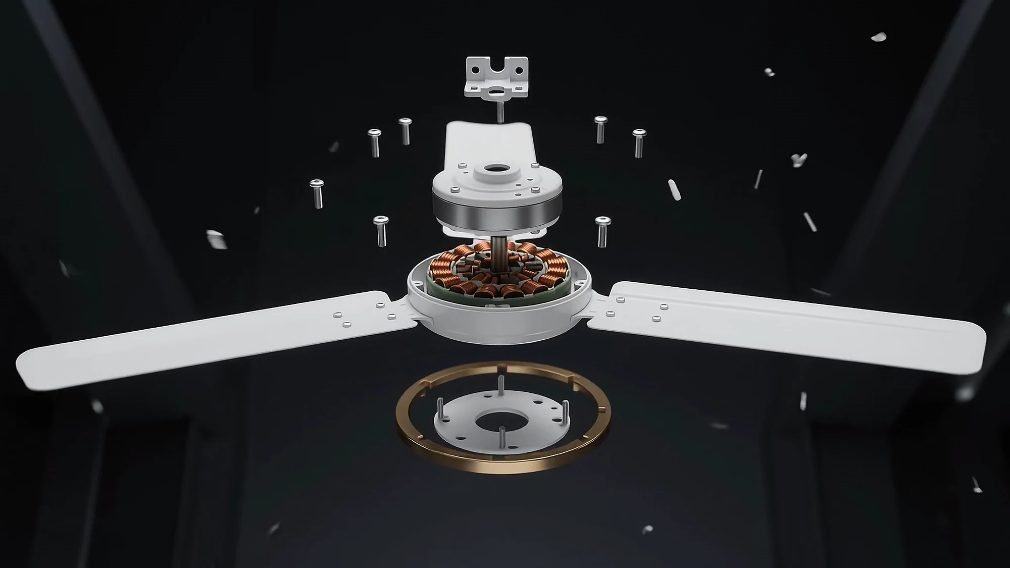 The Vorta fan exploded in mid-air: bracket, screws, copper motor, brass ring and blades